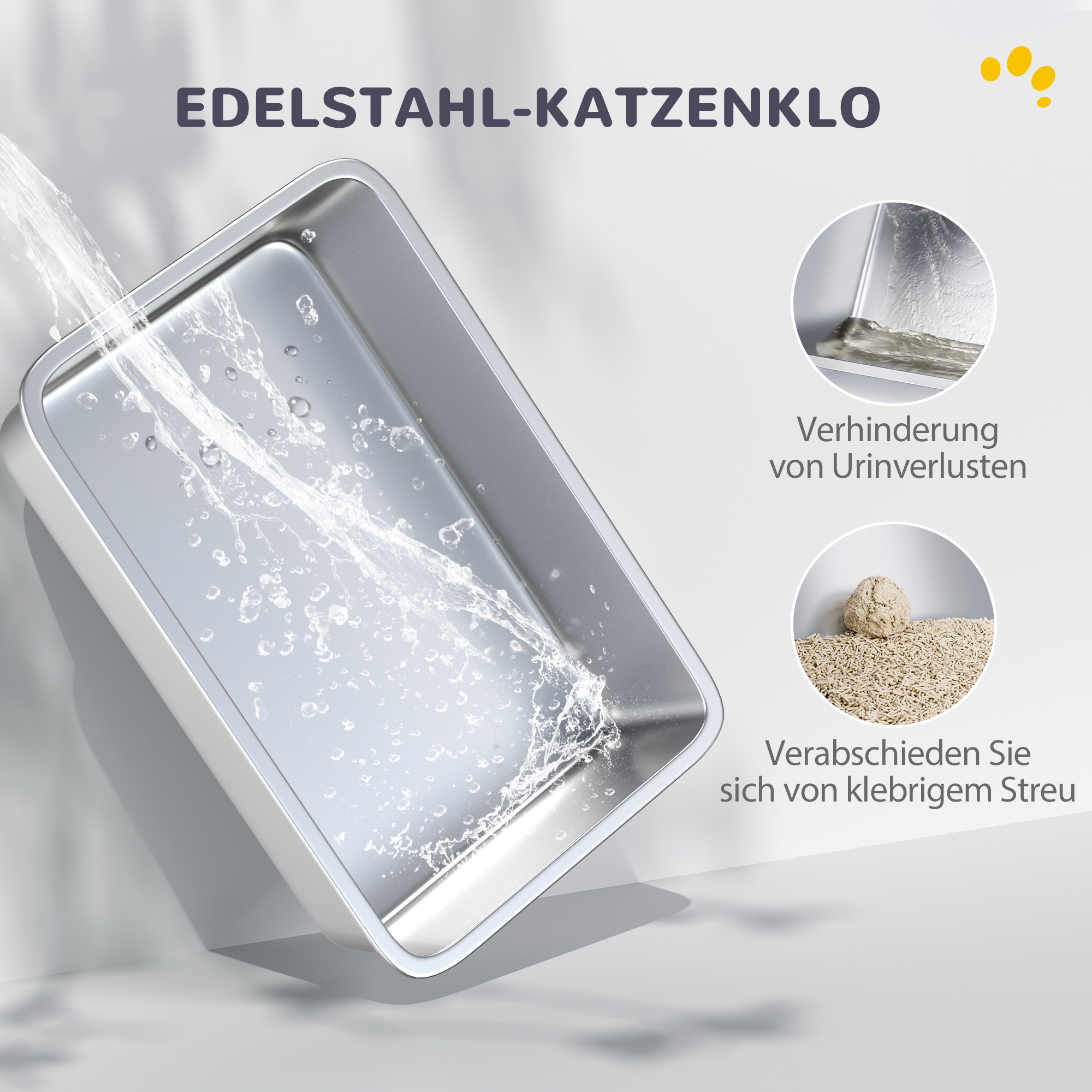 Katzentoilette, Wanne aus Edelstahl, Filter, Schaufel, für Katzen bis 6 kg, 40,5 x 60,5 x 41,5 cm, Weiß/Silber