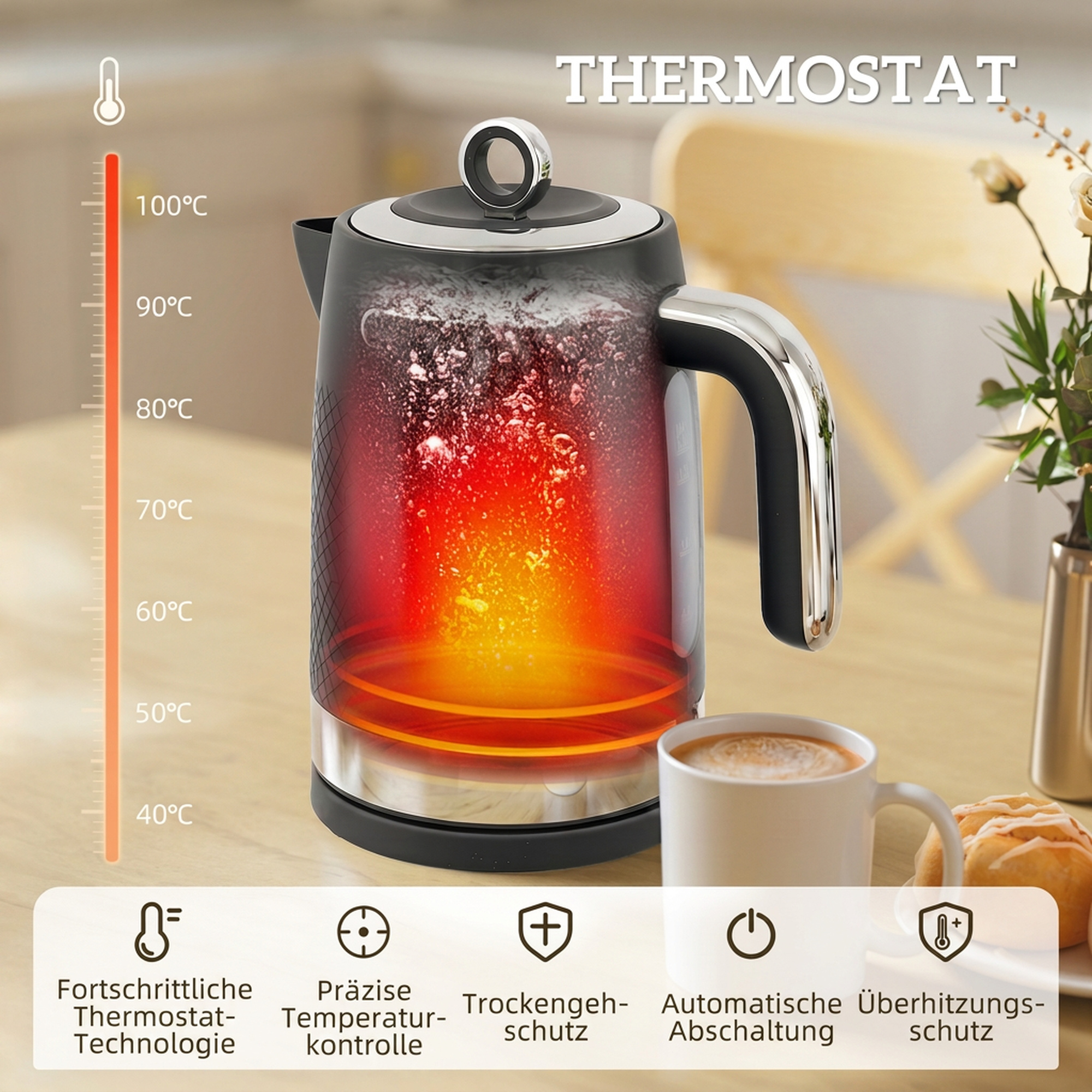Wasserkocher- und Toaster-Set, 1,7 l 2200 W Schnellkoch-Wasserkocher mit Thermostat, 2-Scheiben-Toaster, Schwarz