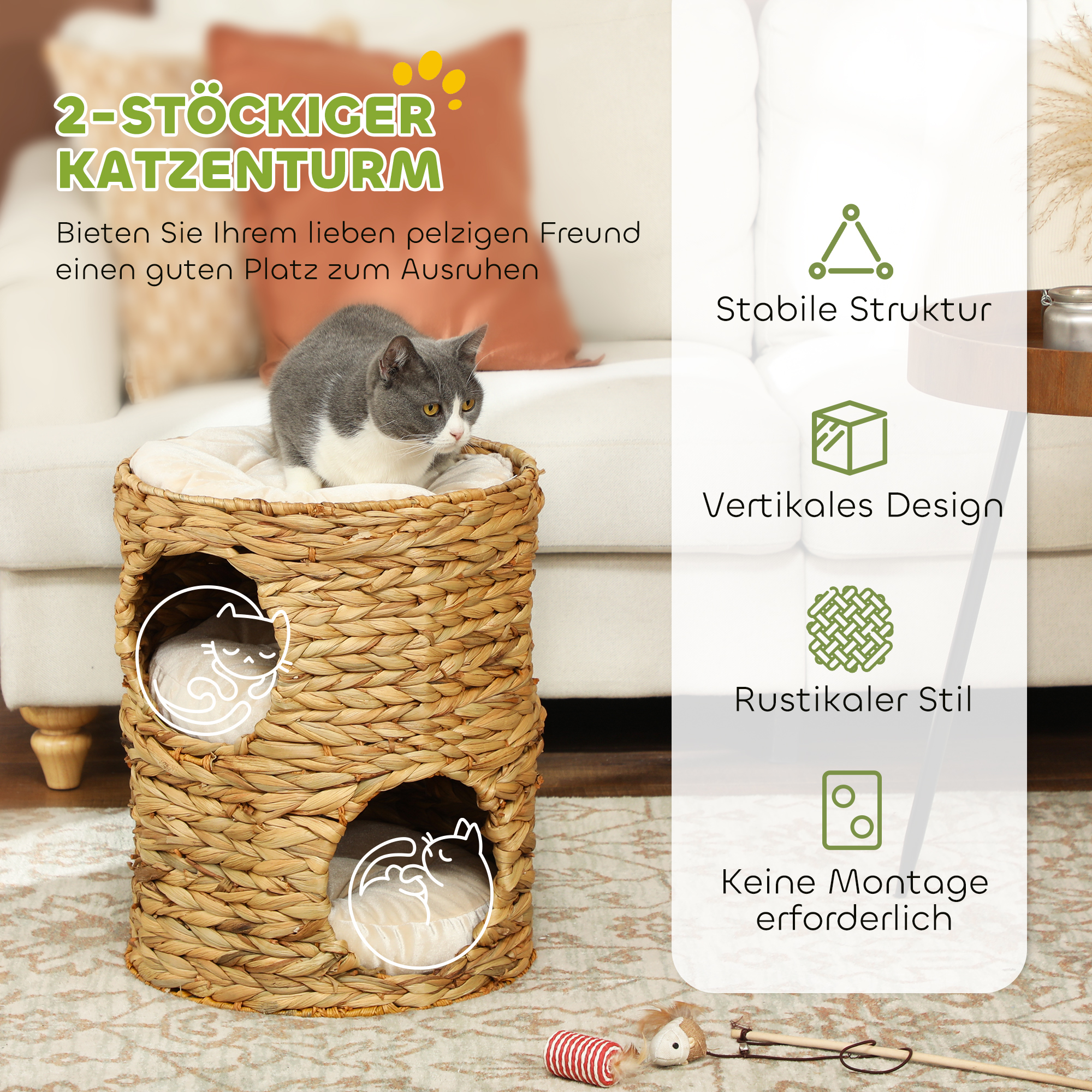 Kratztonne, 50 cm, 2 Höhlen, Kissen, Kratzbaum mit Katzenbett, Katzenturm aus Wasserhyazinthe, Hellbraun
