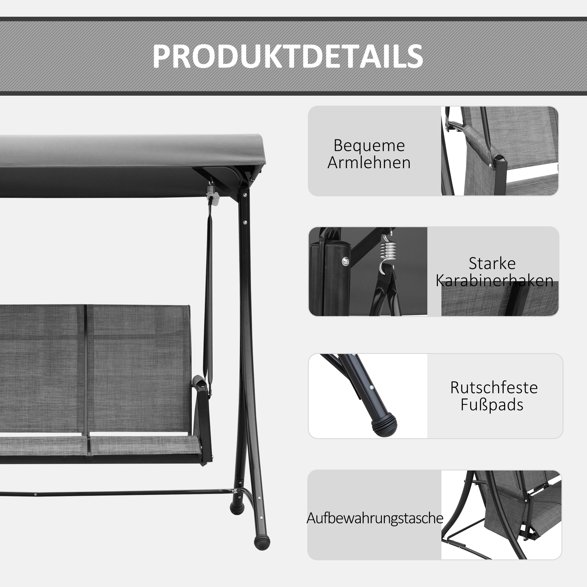 Hollywoodschaukel mit Seitentasche, 3-Sitzer Gartenschaukel mit verstellbarem Sonnendach, Schaukelbank belast bis 300kg, für Garten, Terrasse, 196 x 128 x 172 cm, Dunkelgrau
