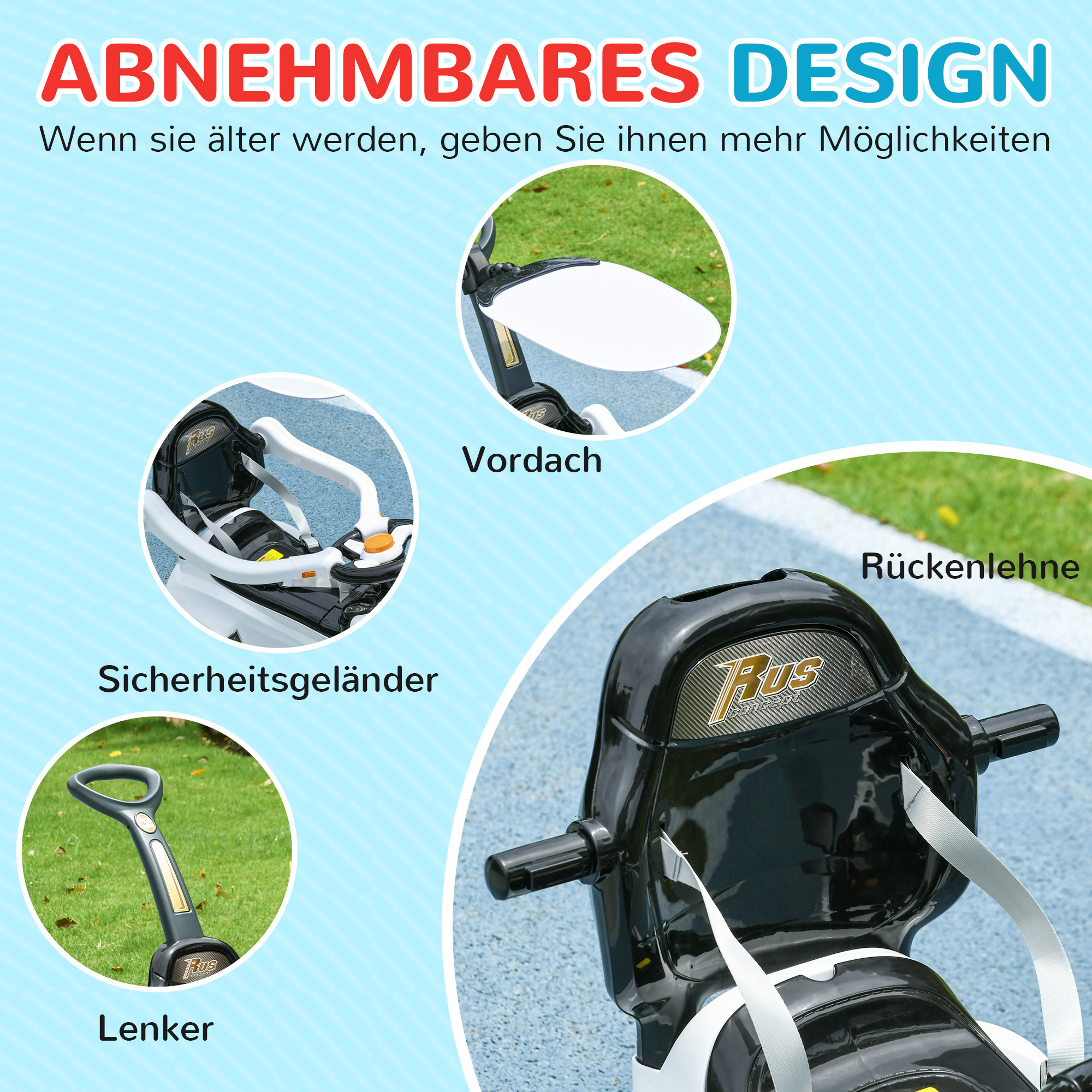 2-in-1 Rutschauto, abnehmbares Verdeck, Lichter, Musik, Hupe, Kunststoff und Metall, 96 x 39 x 90 cm, Weiß/Schwarz