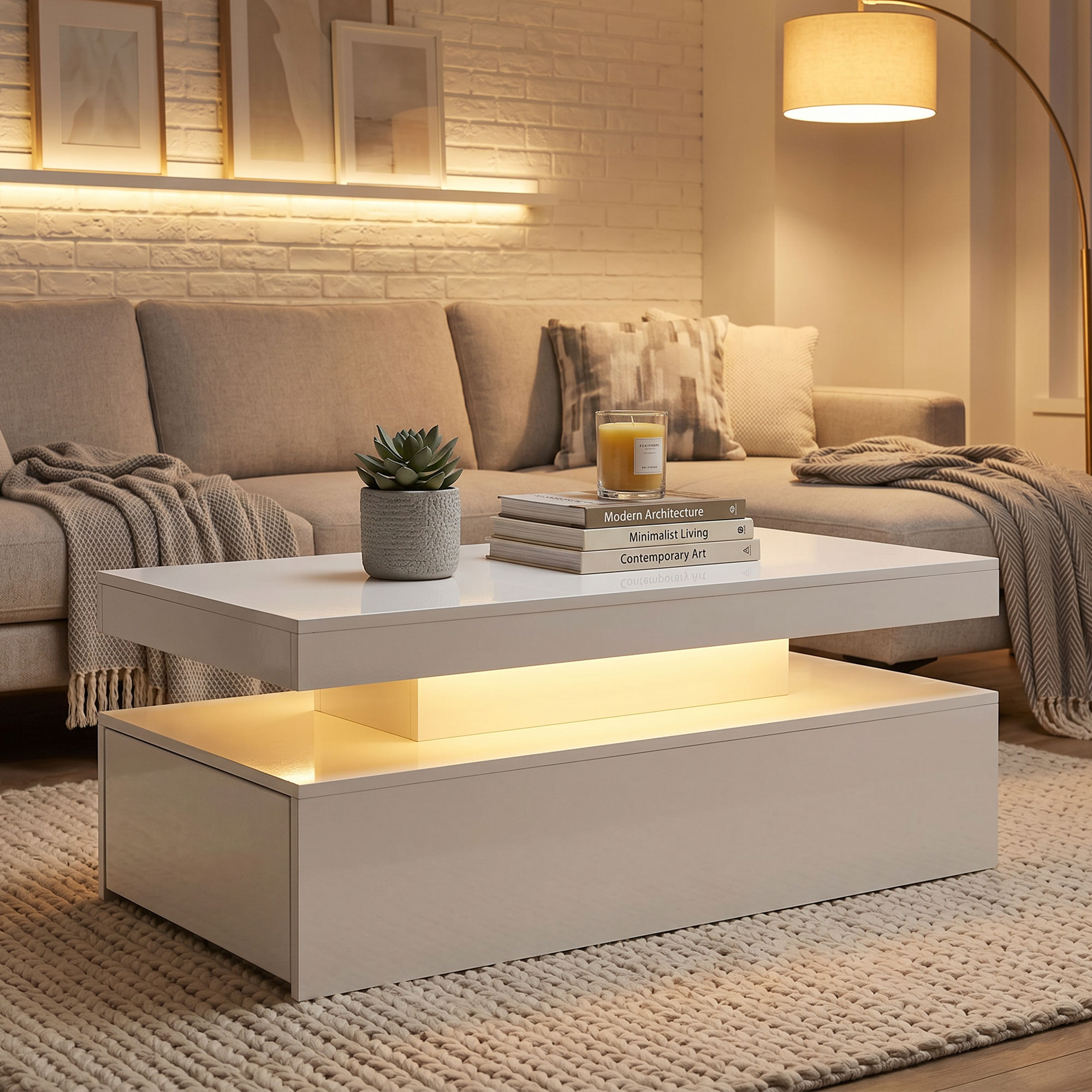 LED Couchtisch mit Stauraum, Moderner 2-Ebenen Wohnzimmertisch mit 2 Schubladen, Hochglanz Weiß
