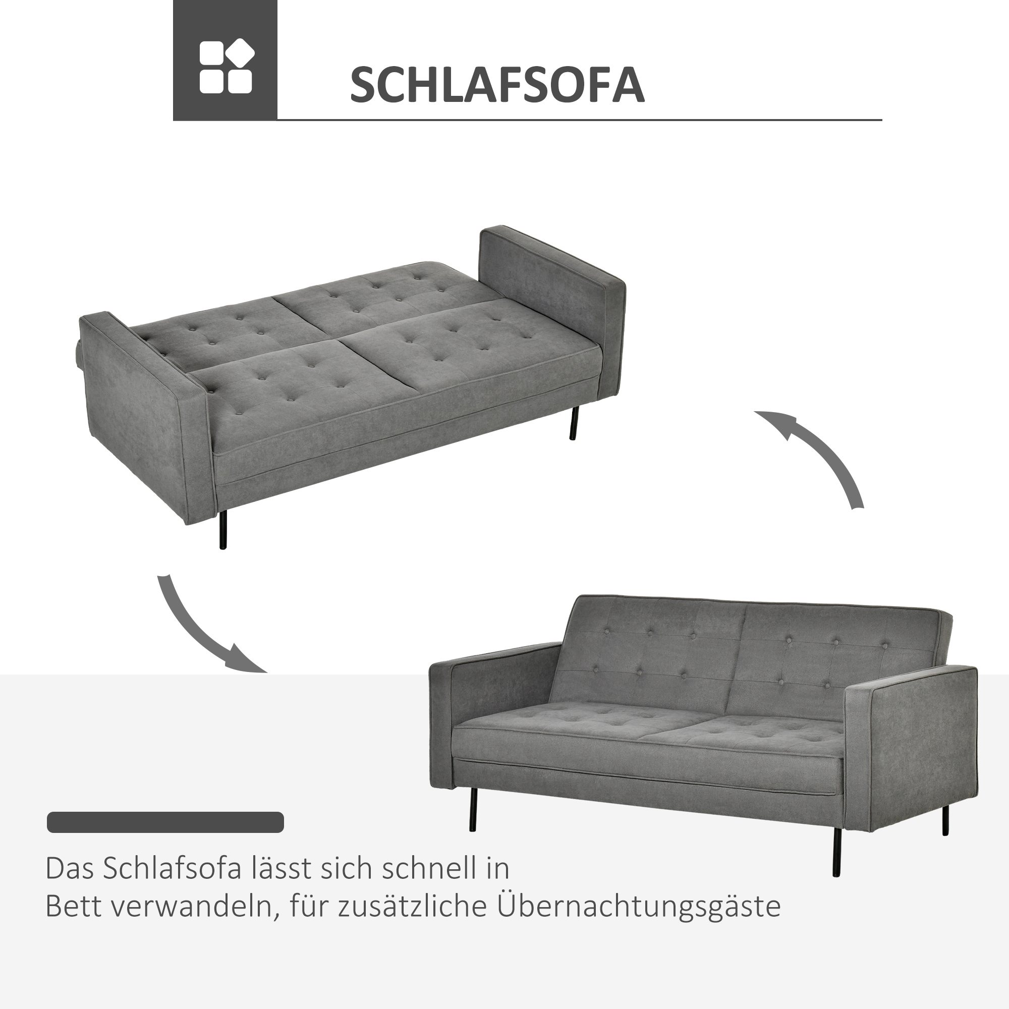Schlafsofa 3-Sitzer Schlafcouch Stoffsofa Sofa mit Schlaffunktion Bettsofa mit verstellbarem Winkel Vintage Eukalyptusholz Baumwolle Grau