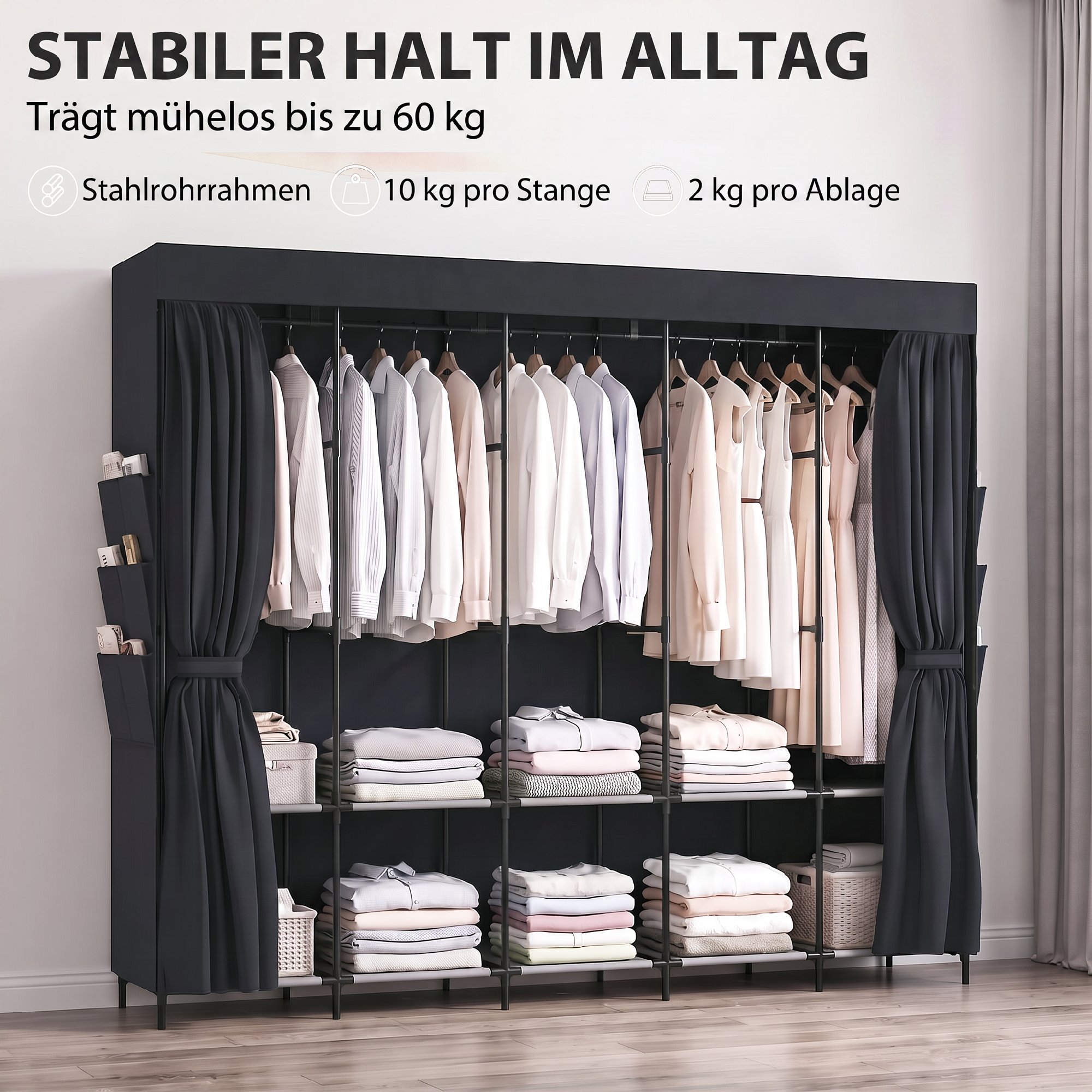 Stoff-Kleiderschrank, staubdicht, tragbar, 5 Kleiderstangen, 212 x 45 x 167 cm, Schwarz