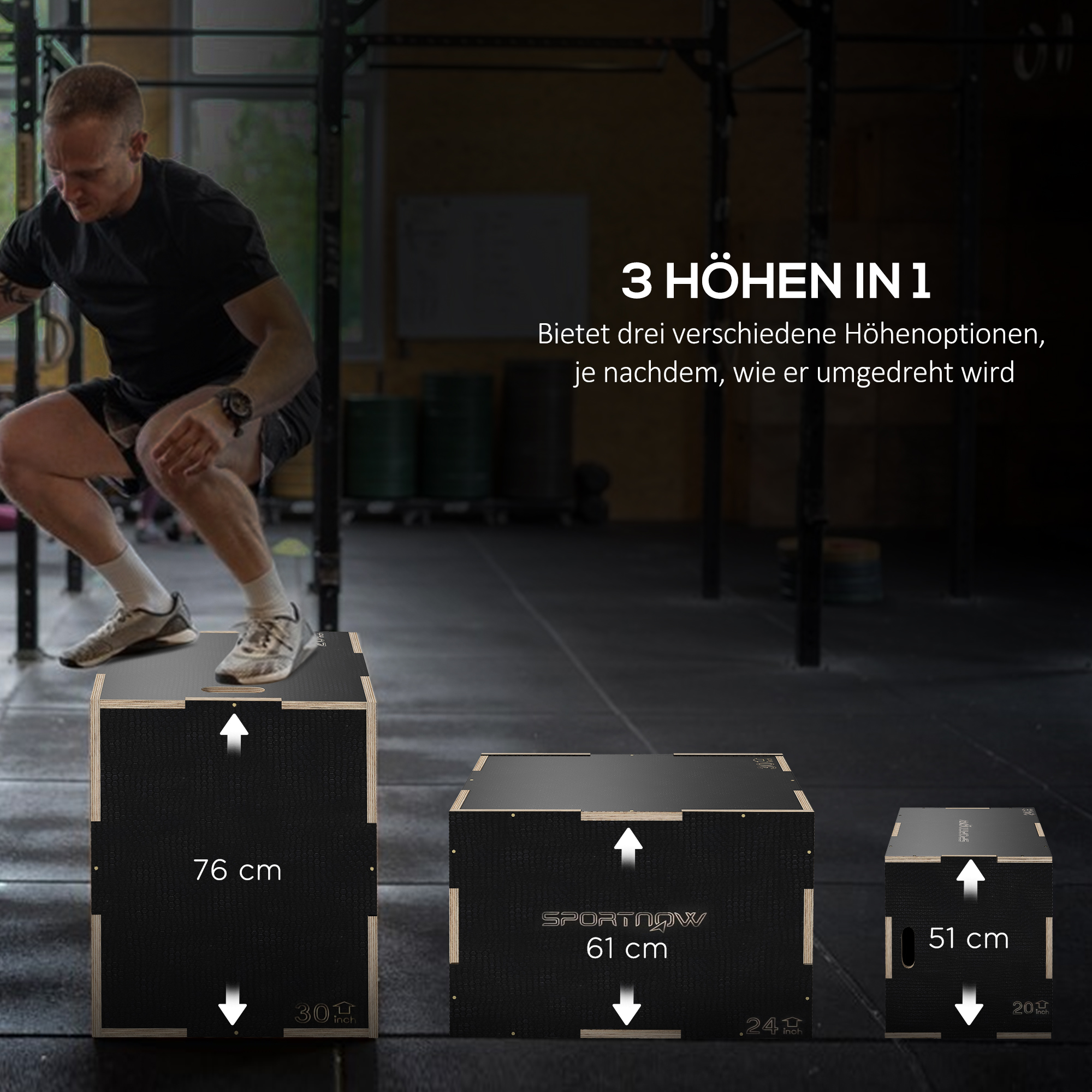 Plyo-Box/Sprungbox, robust, 76x61x51 cm, Schwarz, Griff 10x3,5 cm, bis 120 kg