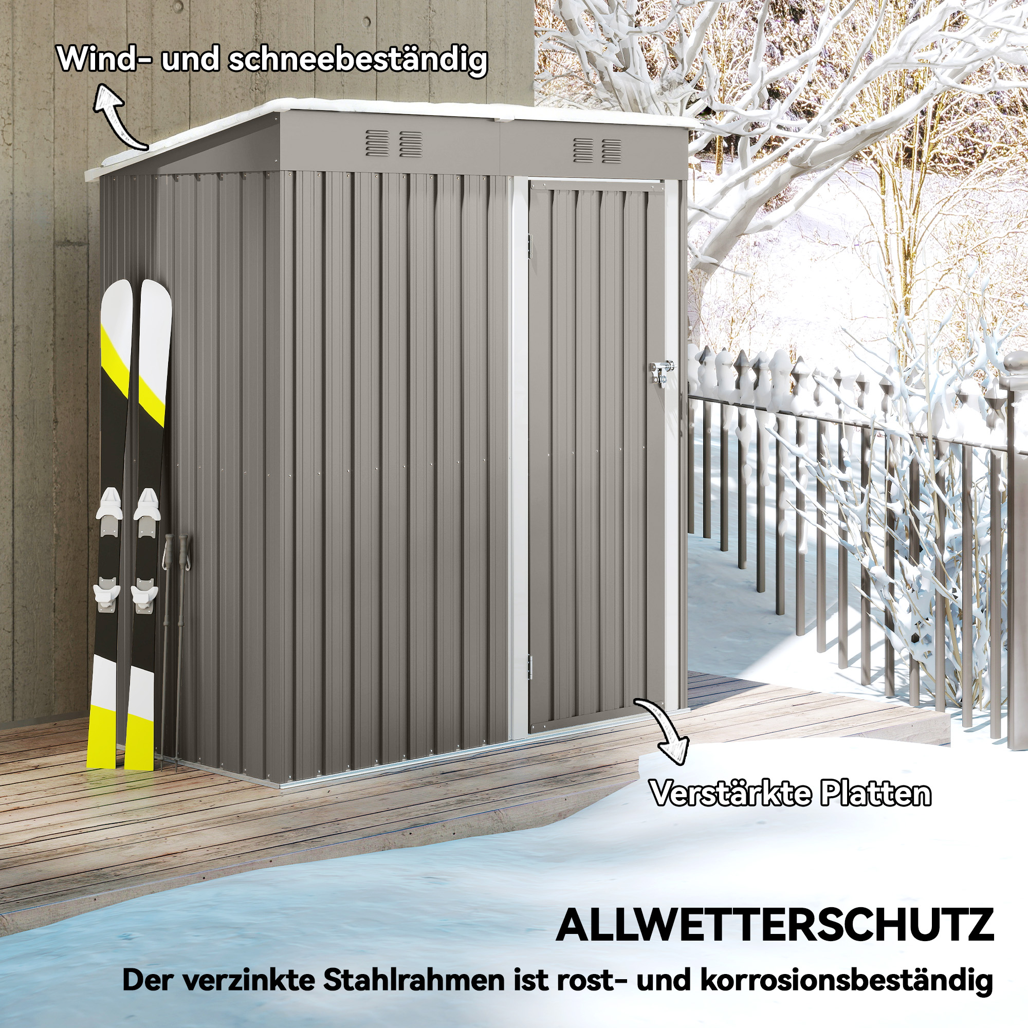 Metall Gerätehaus 1,37 m², abschließbar Geräteschuppen mit Lüftung Pultdach Handschuhen, 163 x 90 x 179 cm