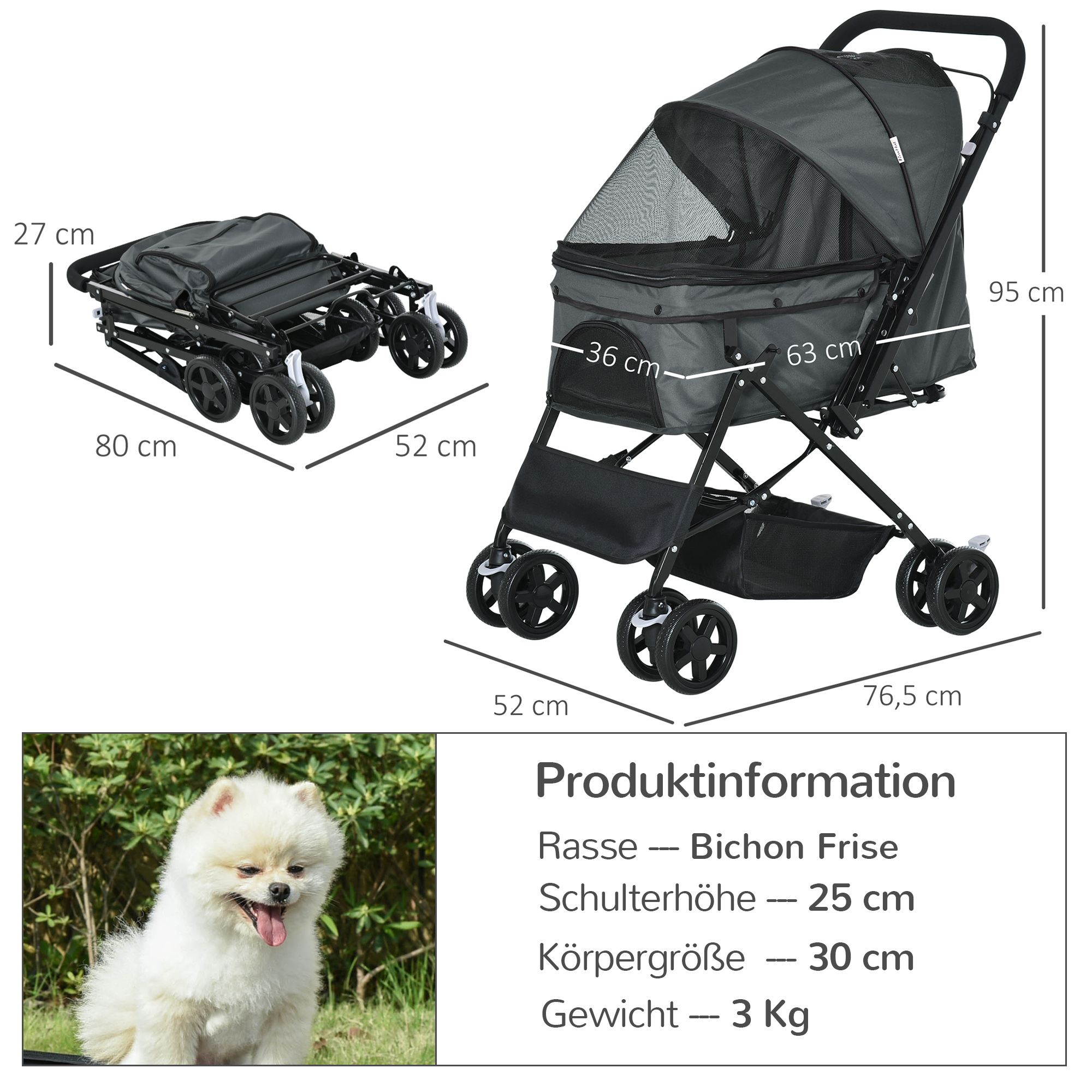 Hundebuggy Hundewagen bis 10 kg Klappbar Netzfenster Ablagekorb verstellbares Vordach Dunkelgrau 76,5 x 52 x 95 cm