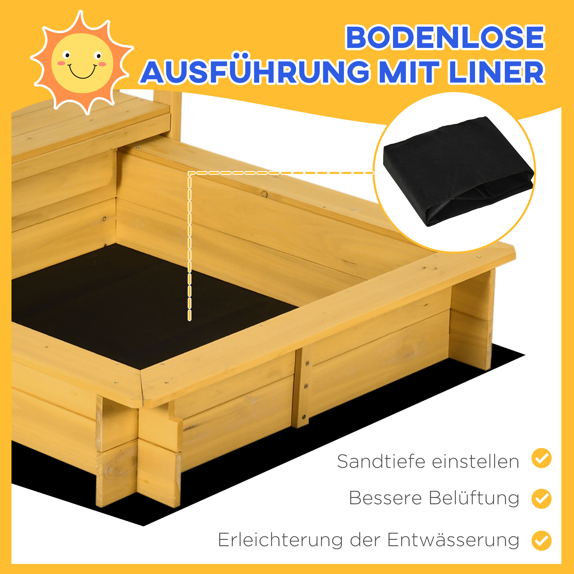 Sandkasten Sandkasten mit Spielhaus Sandkasten mit Dach, 133 x 129 x 137, 5 cm, Natur + Blau