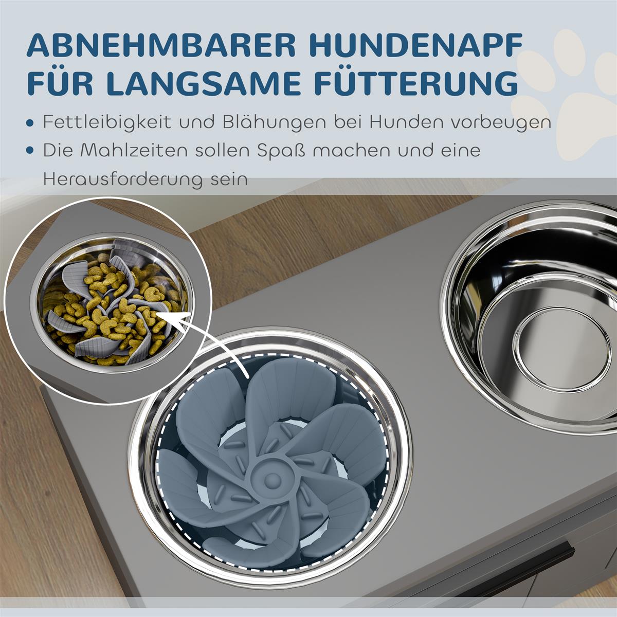 Futterstation für große Hunde, mit 2 Edelstahlnäpfen, Schublade, Futterspender für Haustiere, MDF, Stahl, Grau
