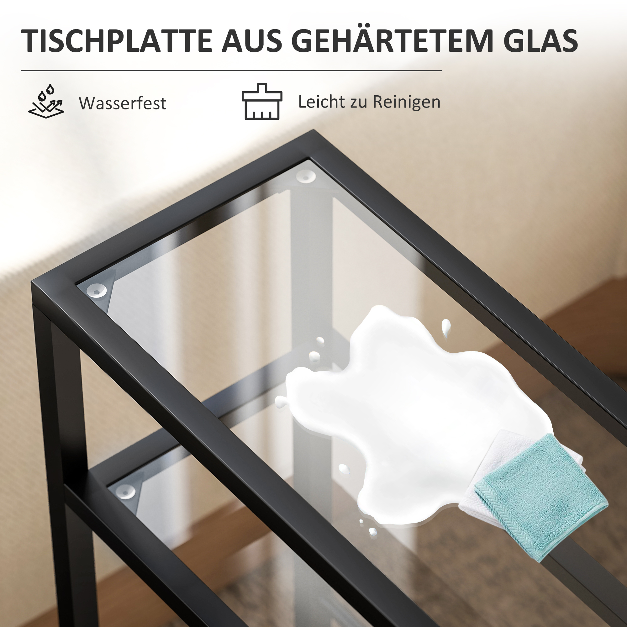 3-stufiges Regal mit Glasplatten, 18 cm breit, Stahlrahmen, Querstangen, Schwarz
