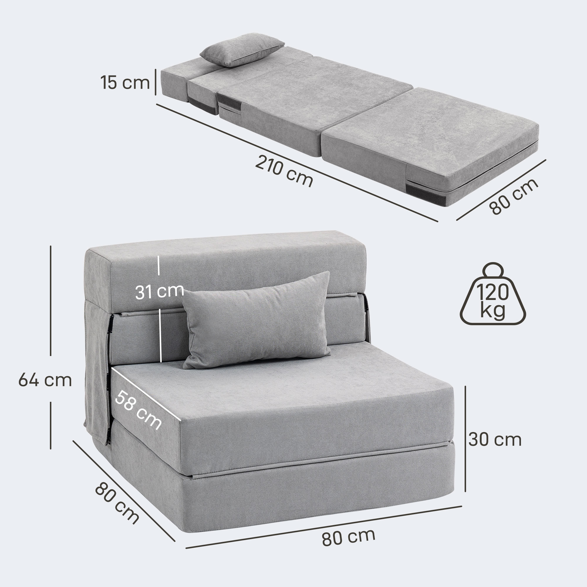 Bodensofa, Polstercouch, in Matratze umwandelbar, Schaumstoff, Kissen, Hellgrau