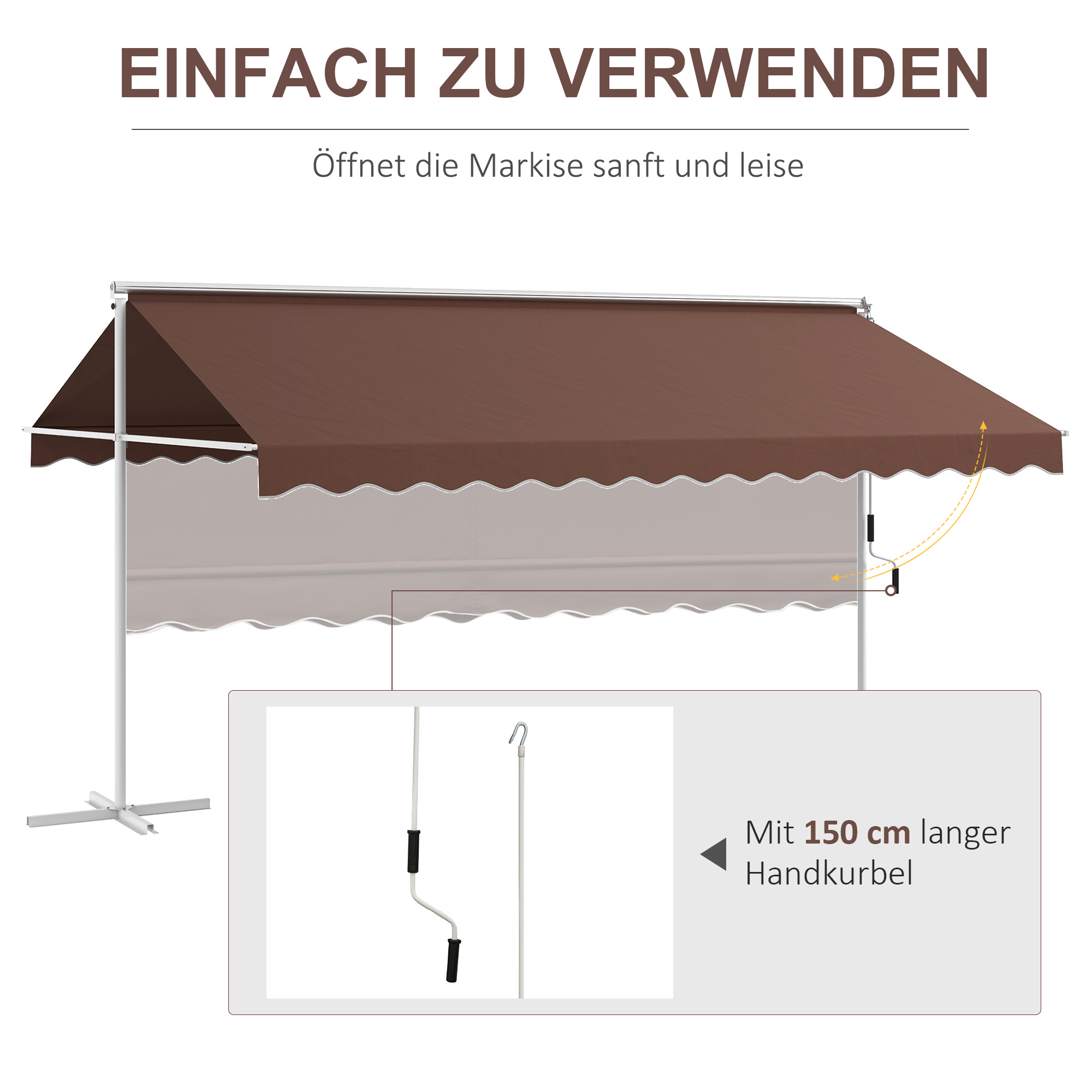 Freistehende Markise 4,5x3,4m, neigungsverstellbar, Kurbel, Metallgestell, Braun
