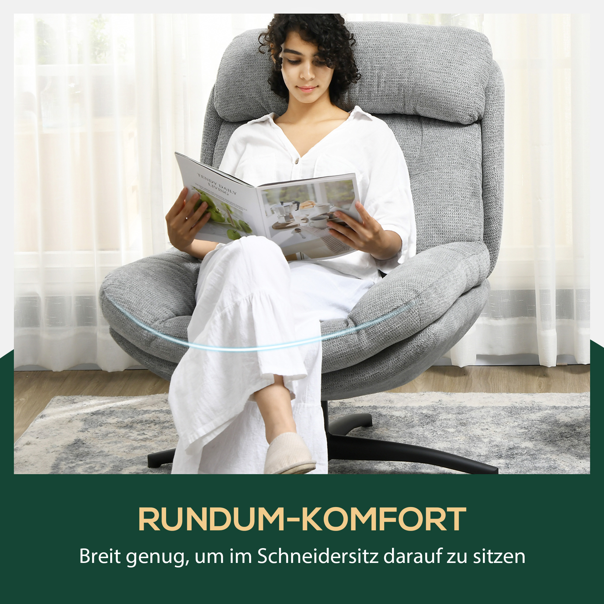 Drehsessel, 360-Grad-Drehung, Chenille-Stoff, integrierte Armlehnen, Stahlbeine, Grau, Schwarz