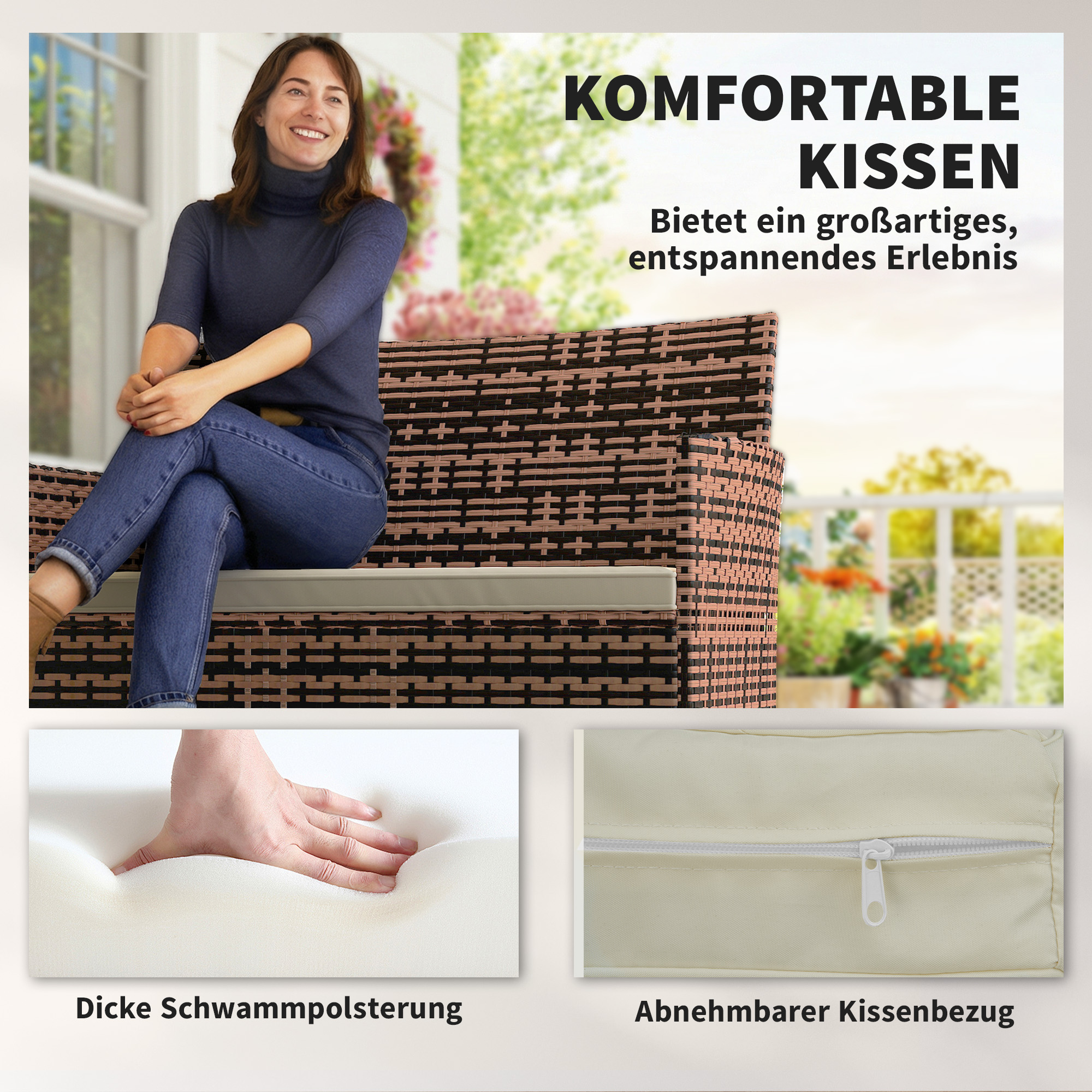 2-Sitzer Rattan Gartensofa PE-Rattan Outdoor-Terrassen-Sofa mit Polster, Anti-Rutsch-Matten, Stahlrahmen, Khaki