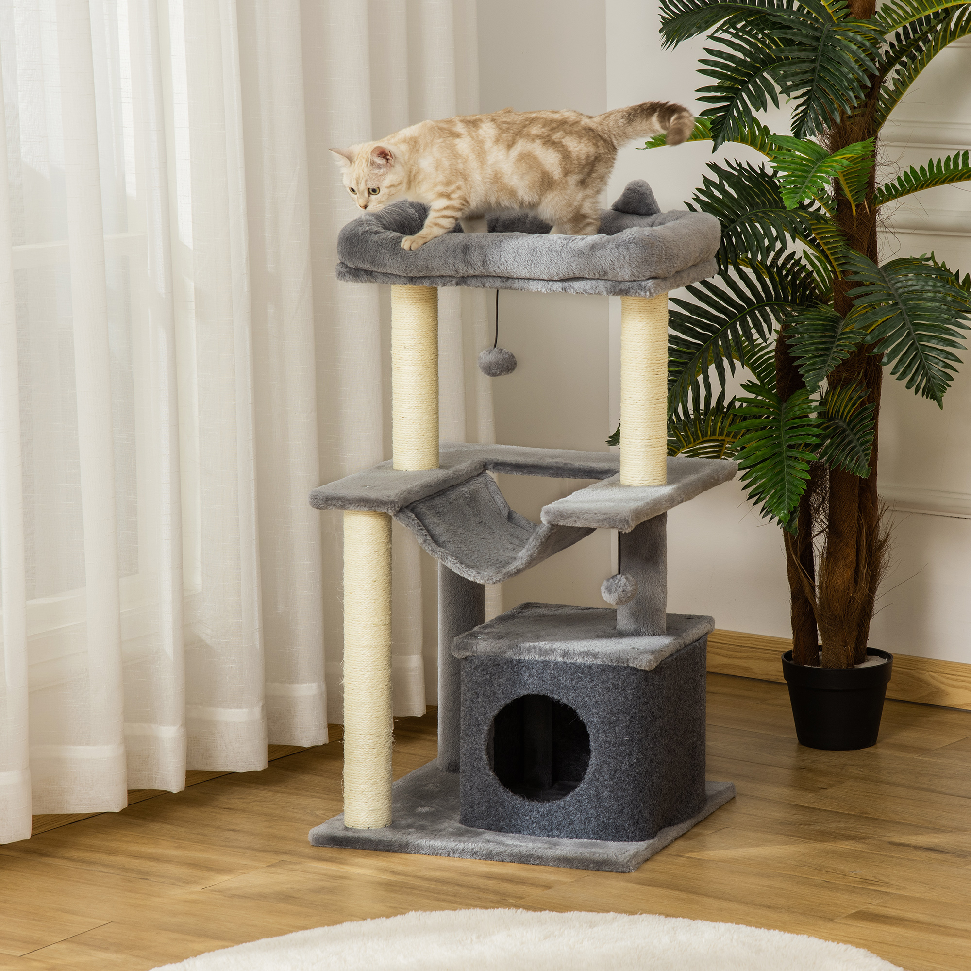 Katzenbaum 90 cm Kratzbaum mit Hängematte Spielbaum Katzenhöhle Plattformen Kletterbaum Katzenkratzbaum Aktivitätskratzbäum Plüsch Sisal Grau