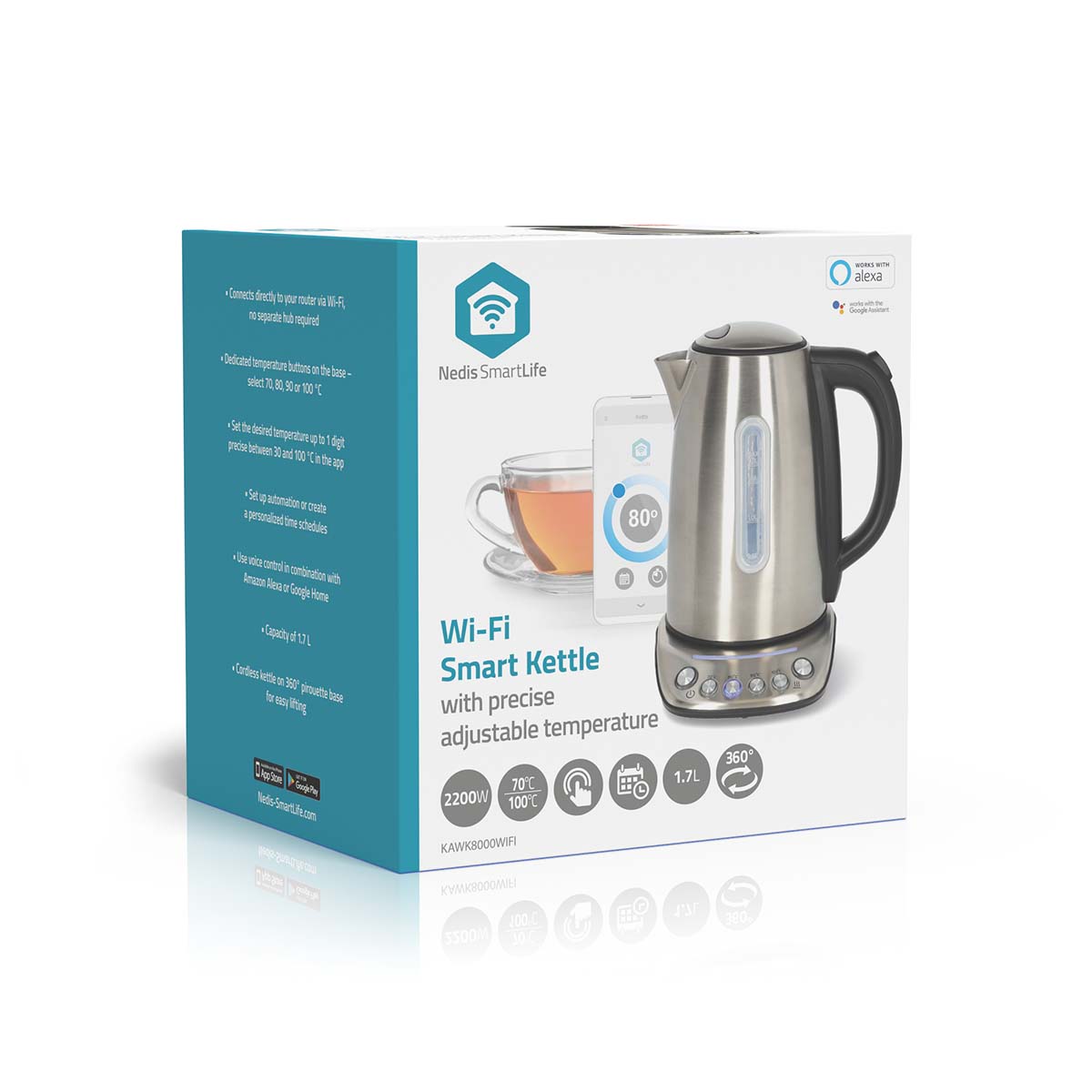 SmartLife Wasserkocher | Wi-Fi | 1.7 l | Edelstahl | 70,80,90,100 °C | Temperaturanzeige | Um 360 Grad drehbar | Verdecktes Heizelement | Strix Controller | Android? / IOS