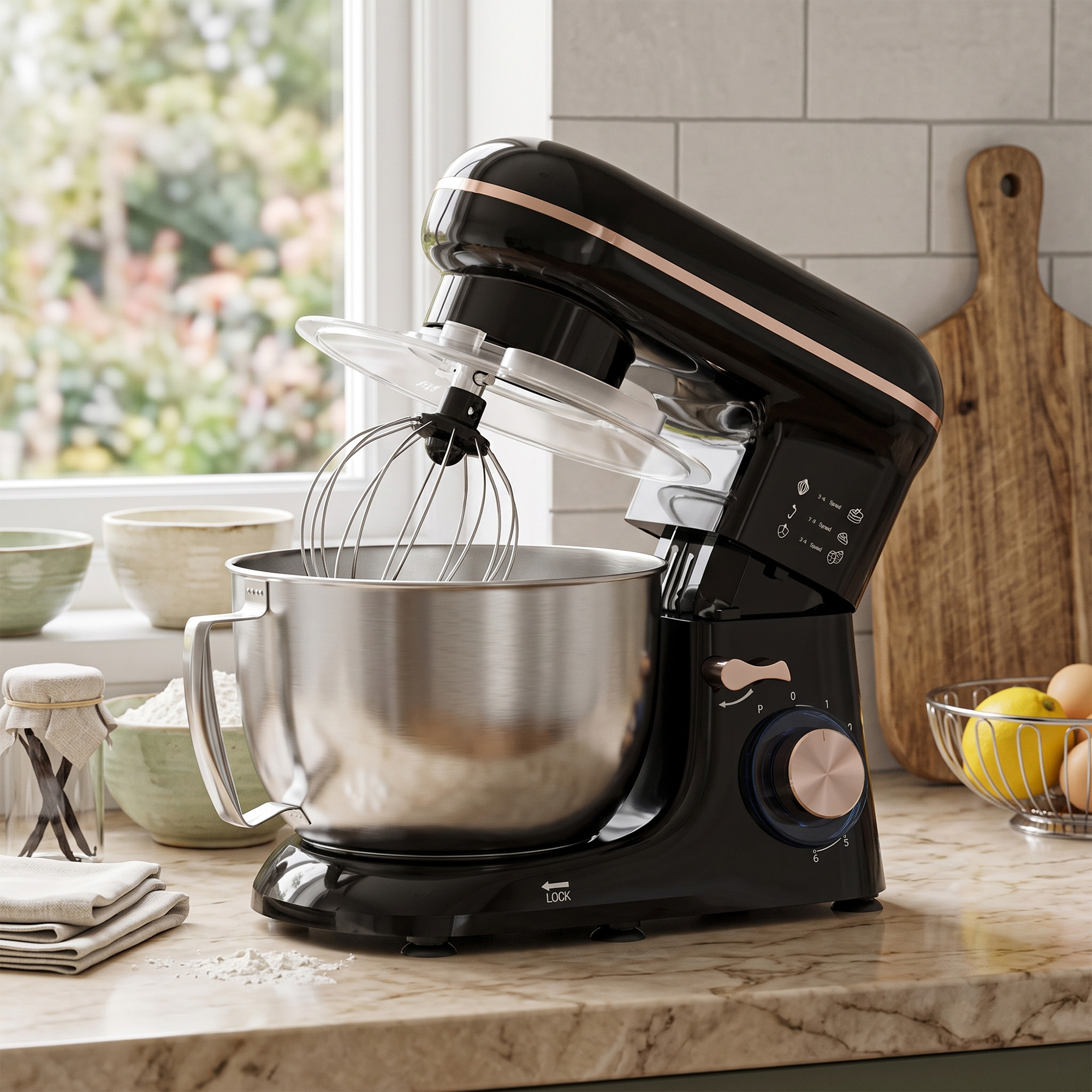 Küchenmaschine Knetmaschine mit 4,5L Edelstahlschüssel 1300W Teigmaschine mit 6+P Geschwindigkeit Beige