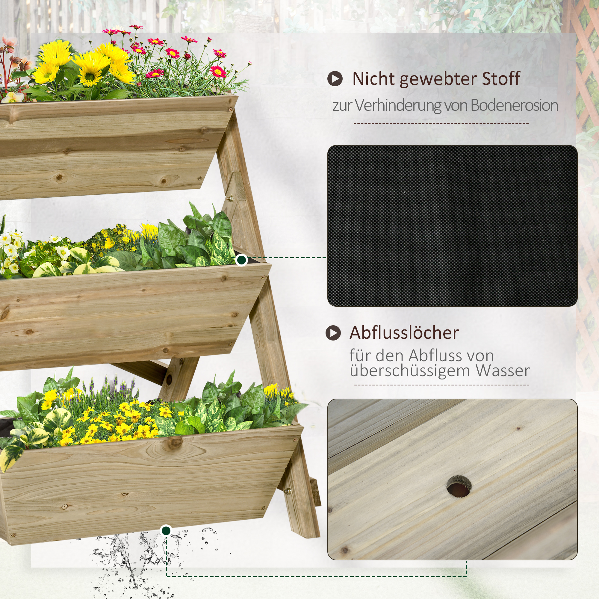 Hochbeet Blumentreppe Holz Blumenleiter mit 3 Ablagen Pflanzentreppe Pflanzregal Pflanzenständer Blumenregal Blumenständer Natur 71 x 61 x 77 cm