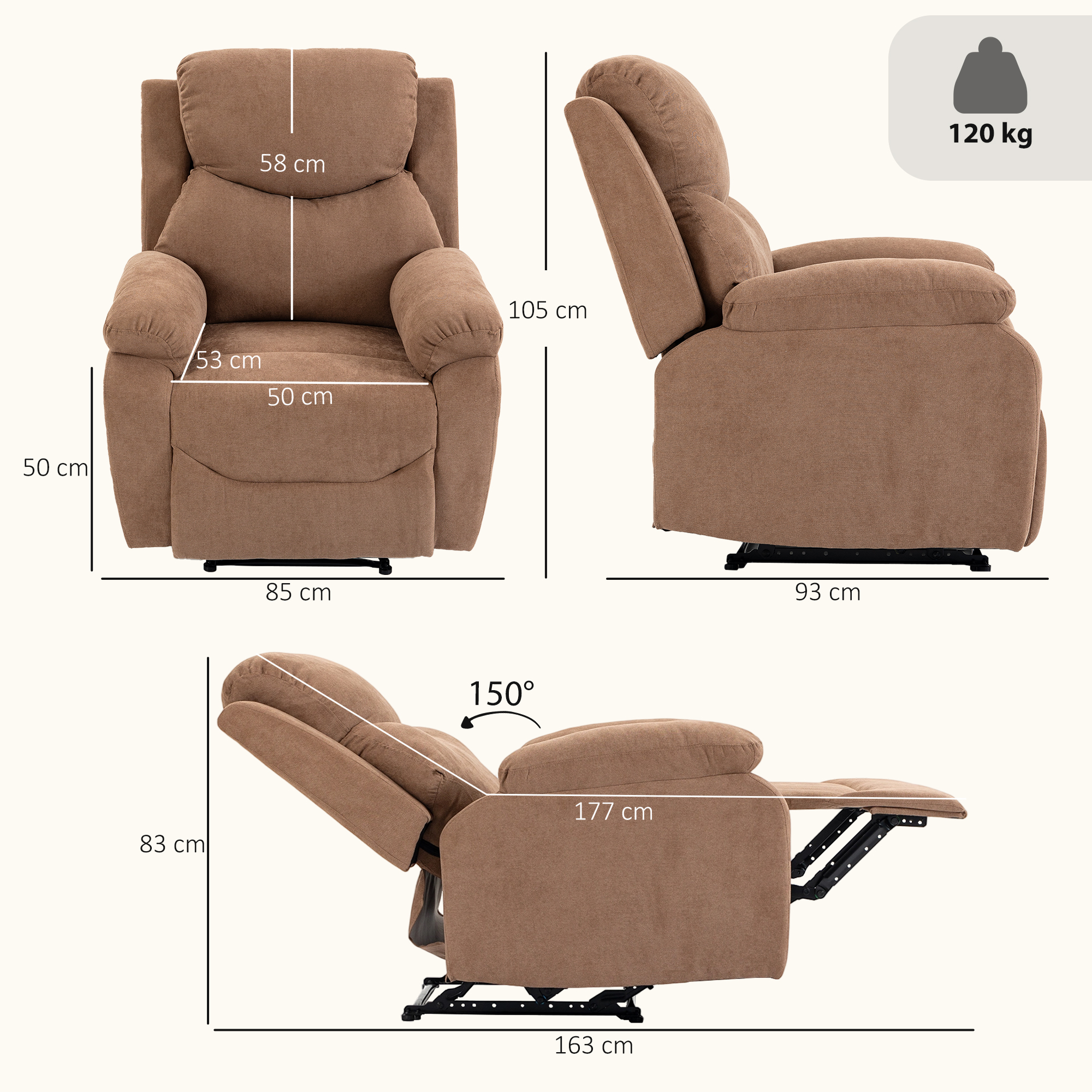 Relaxsessel, Fernsehsessel mit Liegefunktion, Leinenoptik, für Wohnzimmer, Schlafzimmer Dunkelbraun