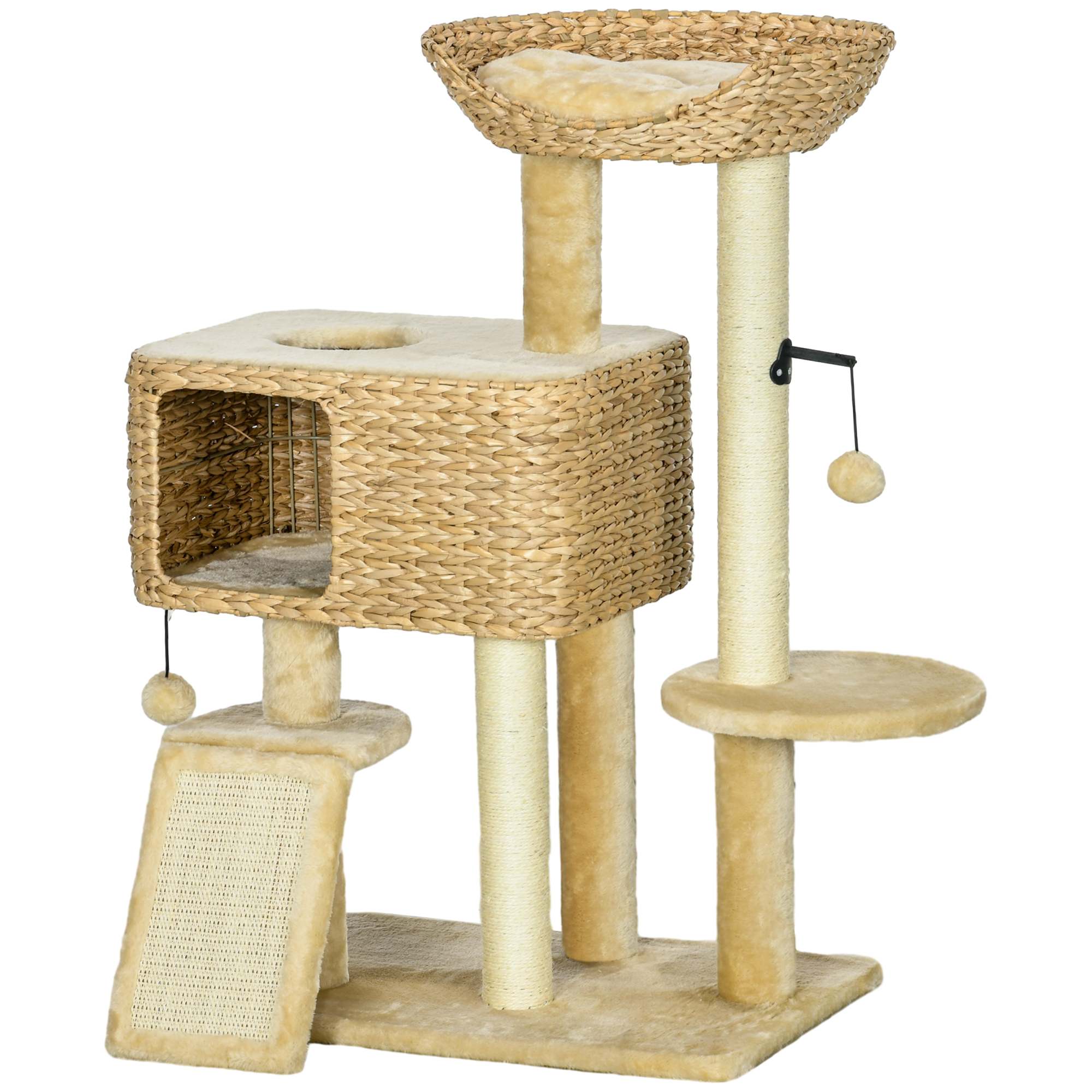 Kratzbaum Katzenbaum, 1 Katzenhöhle, 1 Katzbenbett, 1 Liegefläche, 1 Rampe, 60 cm x 40 cm x 98 cm, Natur + Beige