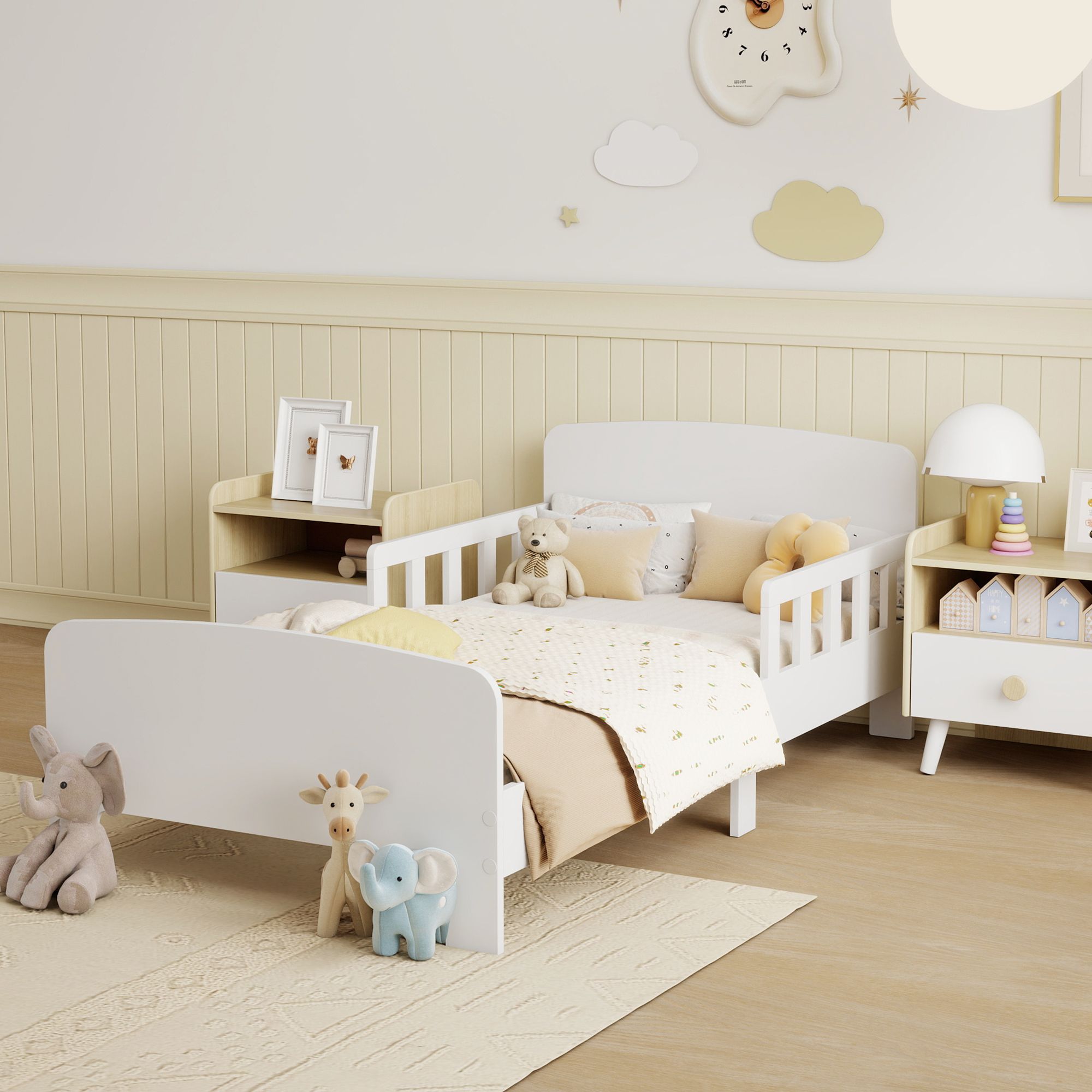 Kinderbett mit Sicherheitsschienen, Kleinkinderbett für Kinder im Alter von 3-8 Jahren, MDF, Weiß
