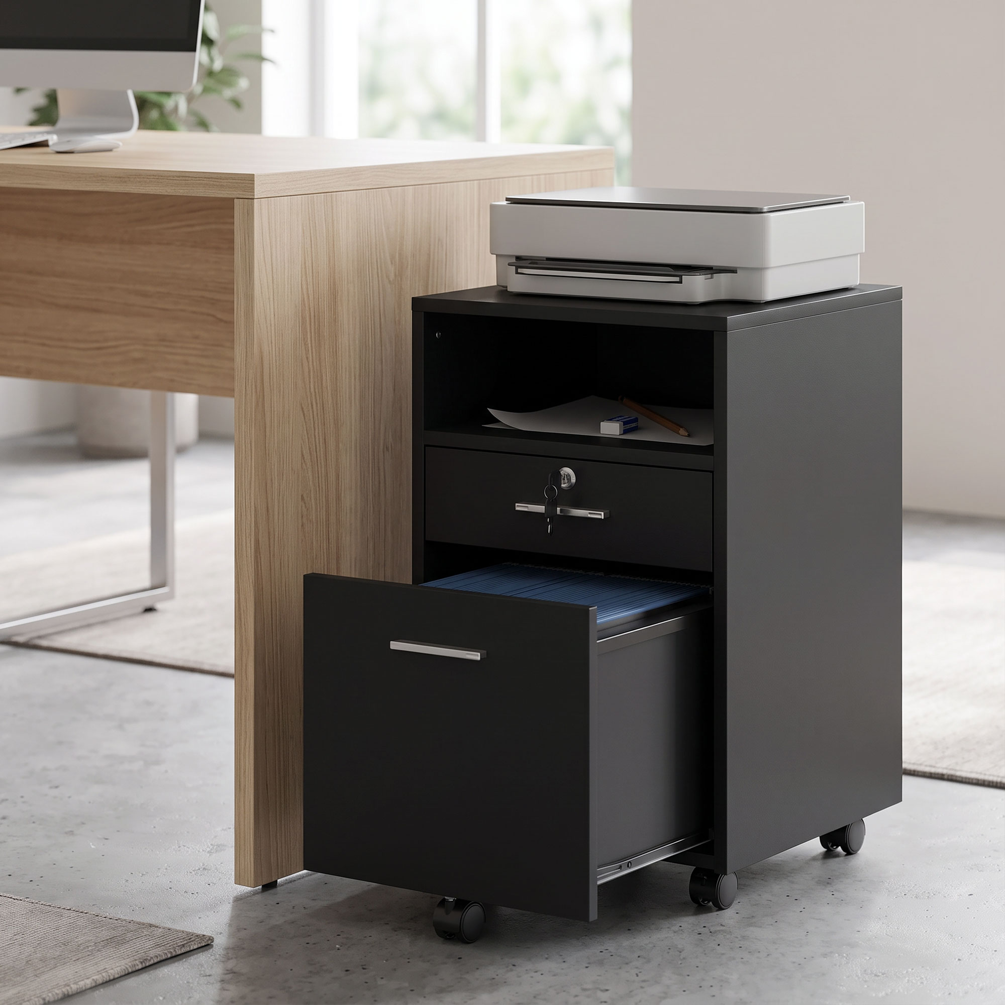 Büroschrank Rollcontainer, 2 Schubladen, eine Schublade abschließbar, 5 Rollen, Schwarz, 40 x 40 x 65 cm