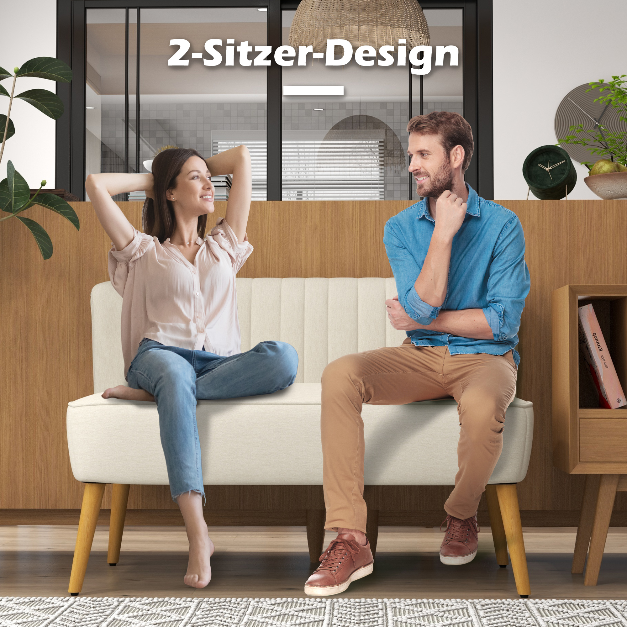 2-Sitzer Sofa, weiche Polsterung, pflegeleichter Bezug, bis 220 kg, 117 x 56,5 x 77 cm, Cremeweiß