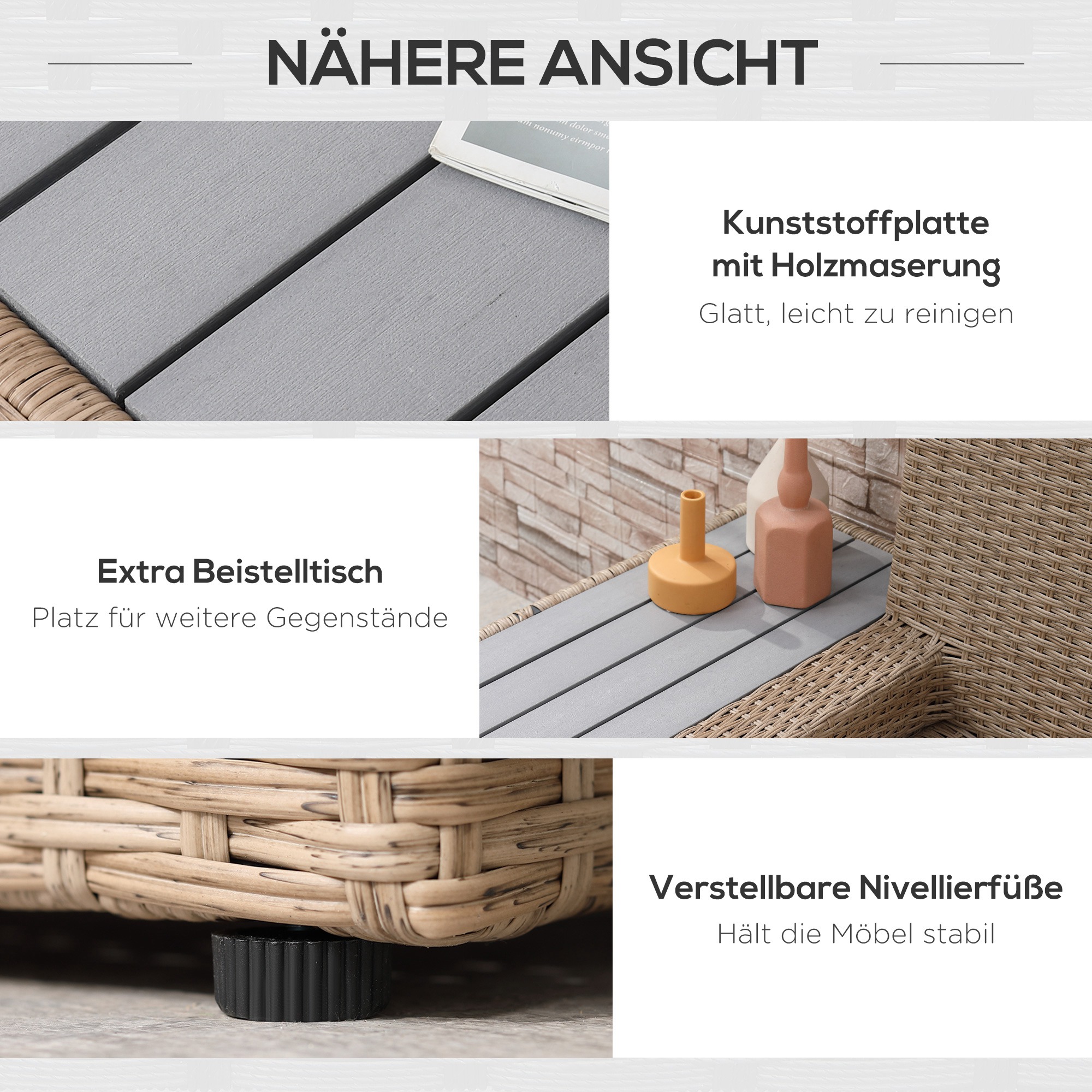 4-tlg, Luxus Polyrattan Gartengarnitur Gartenmöbel Garten-Set Sitzgruppe Loungeset Loungemöbel inkl, Ablagen und Beistelltisch Sitzkissen Braun