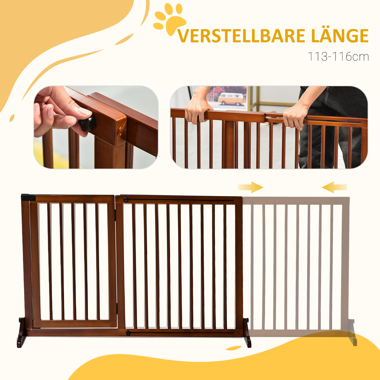 Absperrgitter Hunde Türschutzgitter Schutzgitter aus Holz Freistehendes Hundegitter mit Tür Hundeabsperrgitter Konfigurationsgitter für Kamin & Ofen Braun 113-166 x 36 x 71 cm