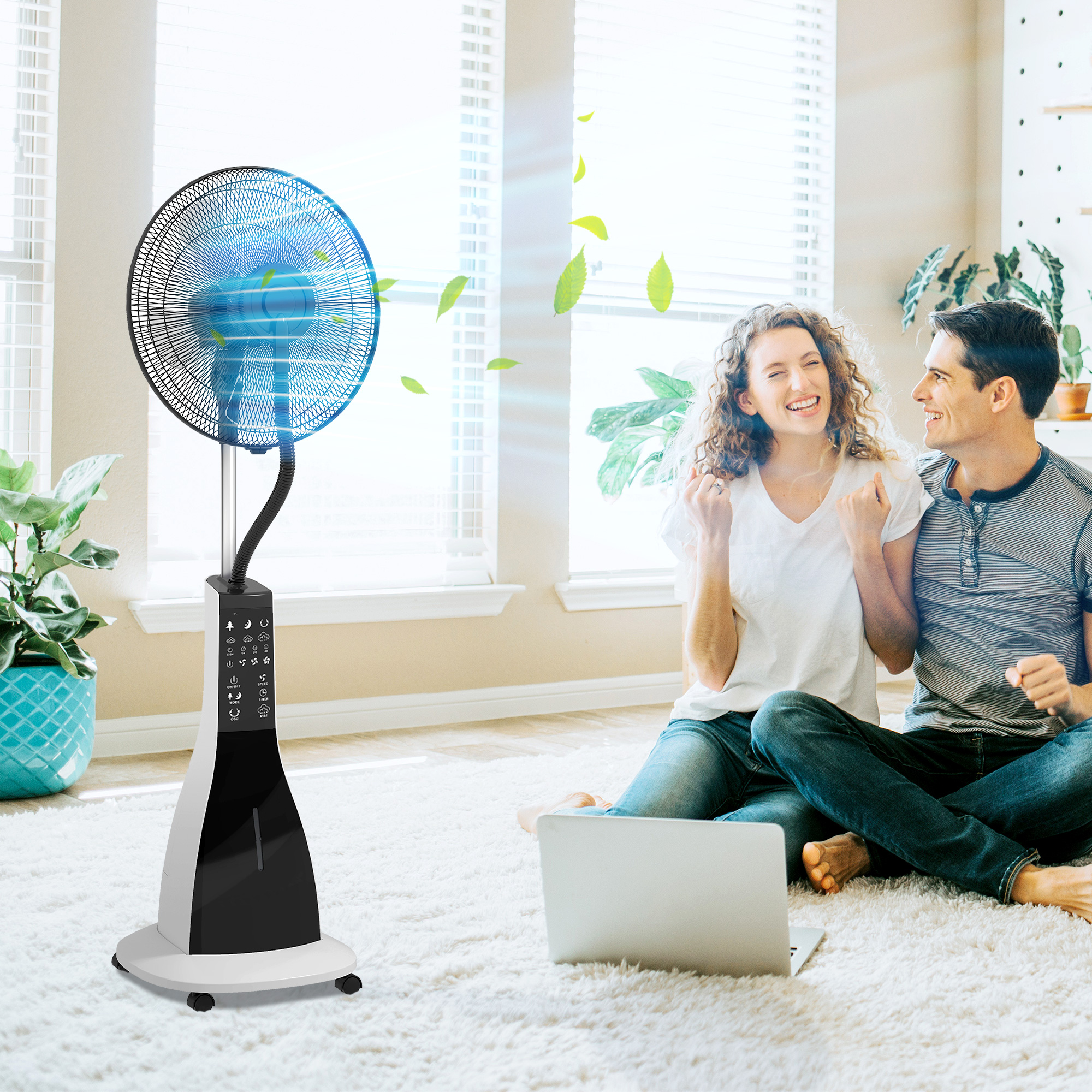 Standventilator mit Luftbefeuchtung, leise, mobil, Fernsteuerung, Schwarz/Weiß