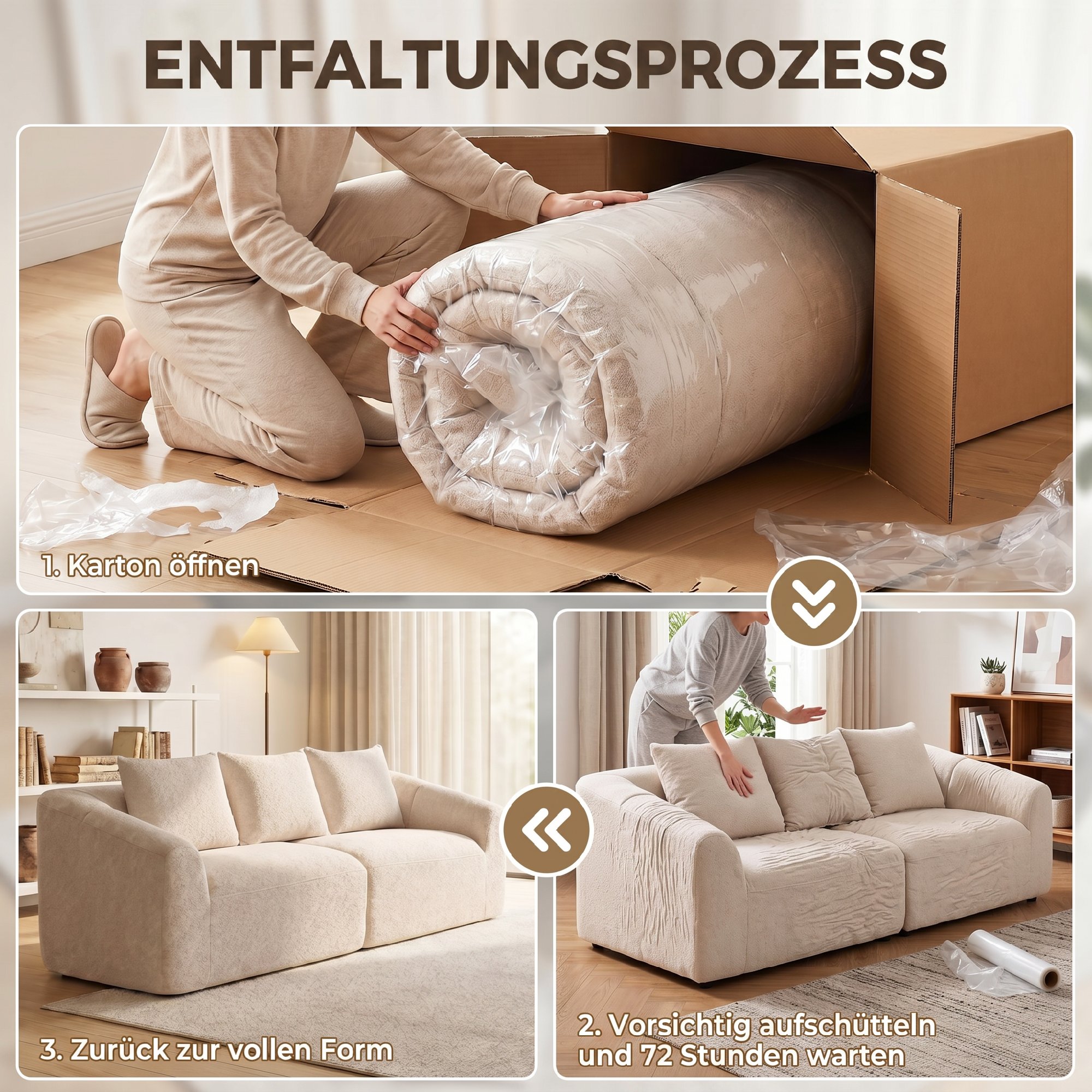 3-Sitzer Sofa, Chenille Cloud Couch ohne Rahmen, dicke Federkernpolsterung, extra breite Sitzfläche, 3 Kissen, Beige