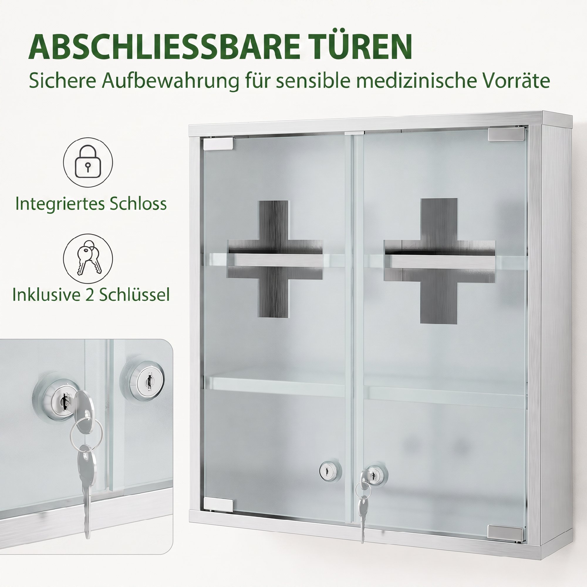 Medizinschrank, Abschließbarer Medikamentenschrank mit 2 Schlüsseln, Glastür und 6 Regalen, 48 x 46 x 12 cm, Silber