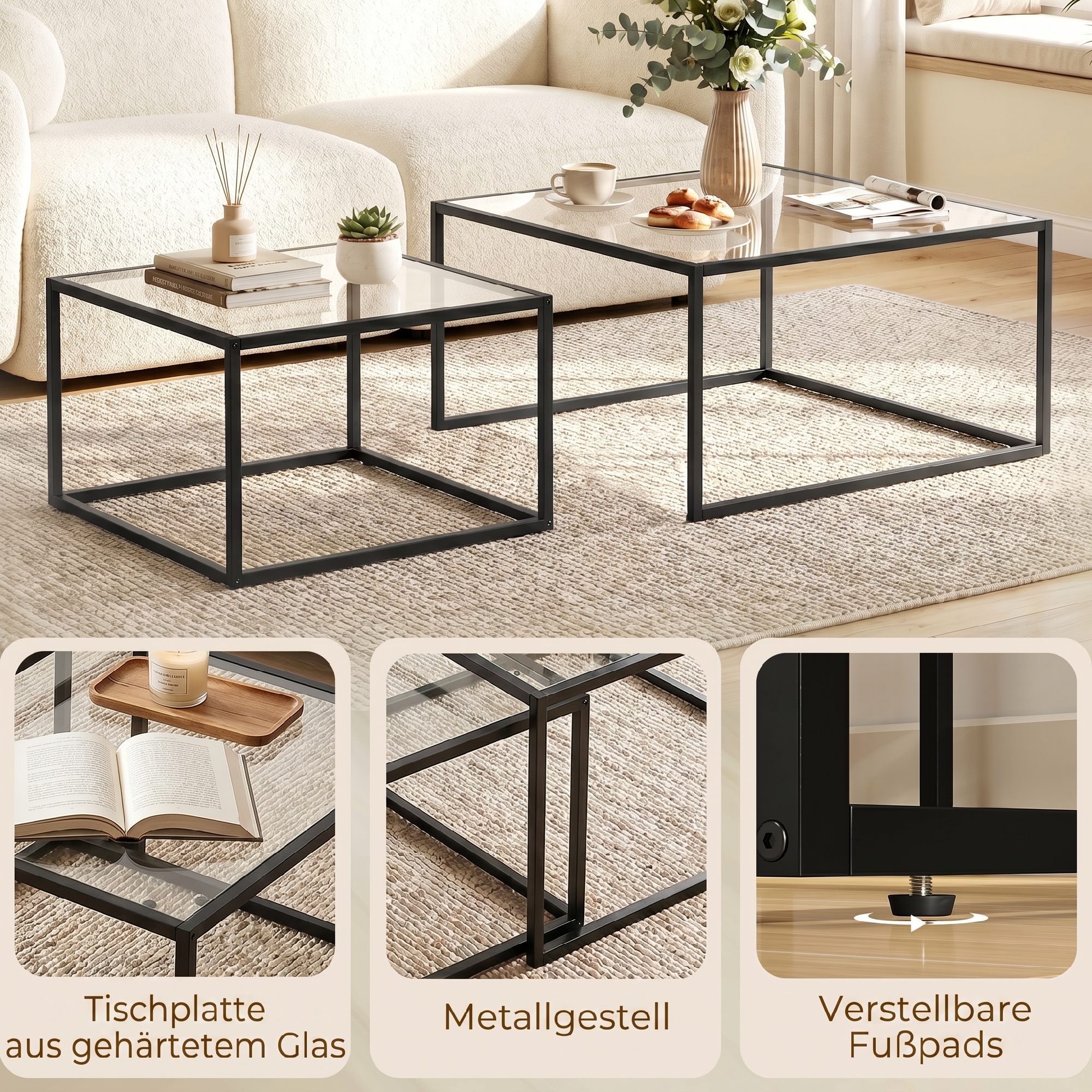 Couchtische 2er-Set Runder Satztisch mit gehärteter Glasplatte und Metallrahmen, für Wohnzimmer Schwarz
