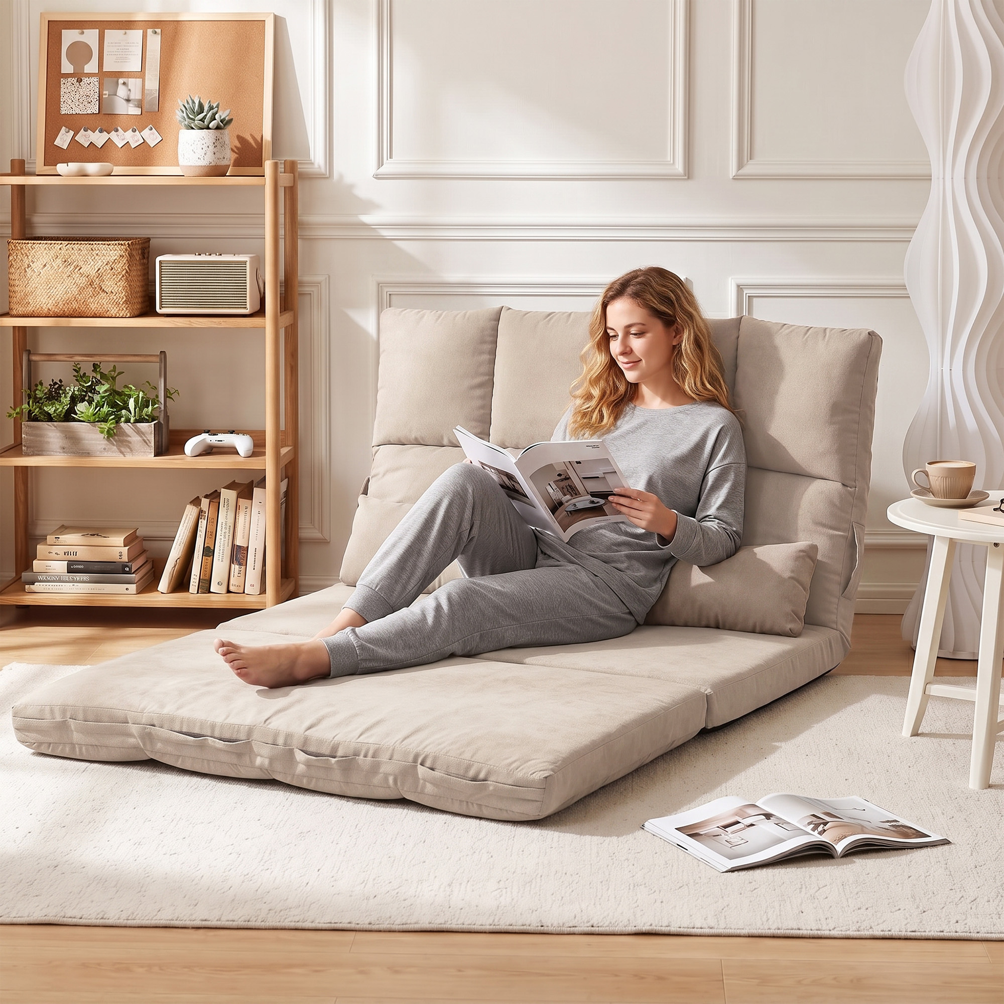 2-in-1 Bodensessel, Rückenlehne, Verstellbar, 102 x 73 x 60 cm, Beige