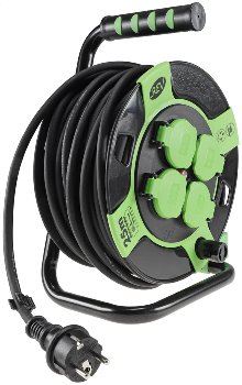 Kunststoff-Kabeltrommel, 25m Kabel, IP44, H05RR-F 3G1,5mm², schwarze Gummileitung