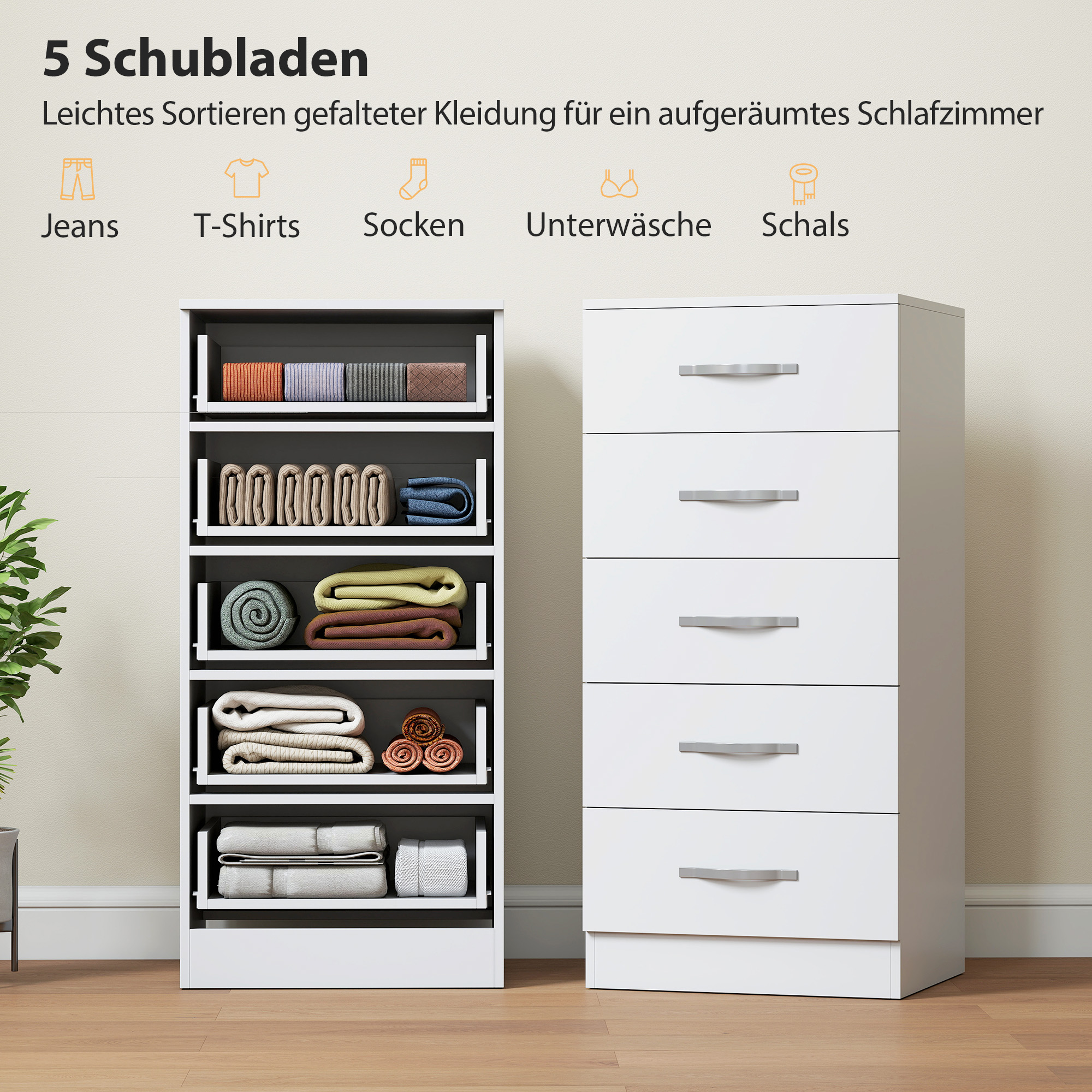 Kommode mit 5 Schubladen, Schubladenschrank für Kleidung und Utensilien, Spanplatte, Weiß