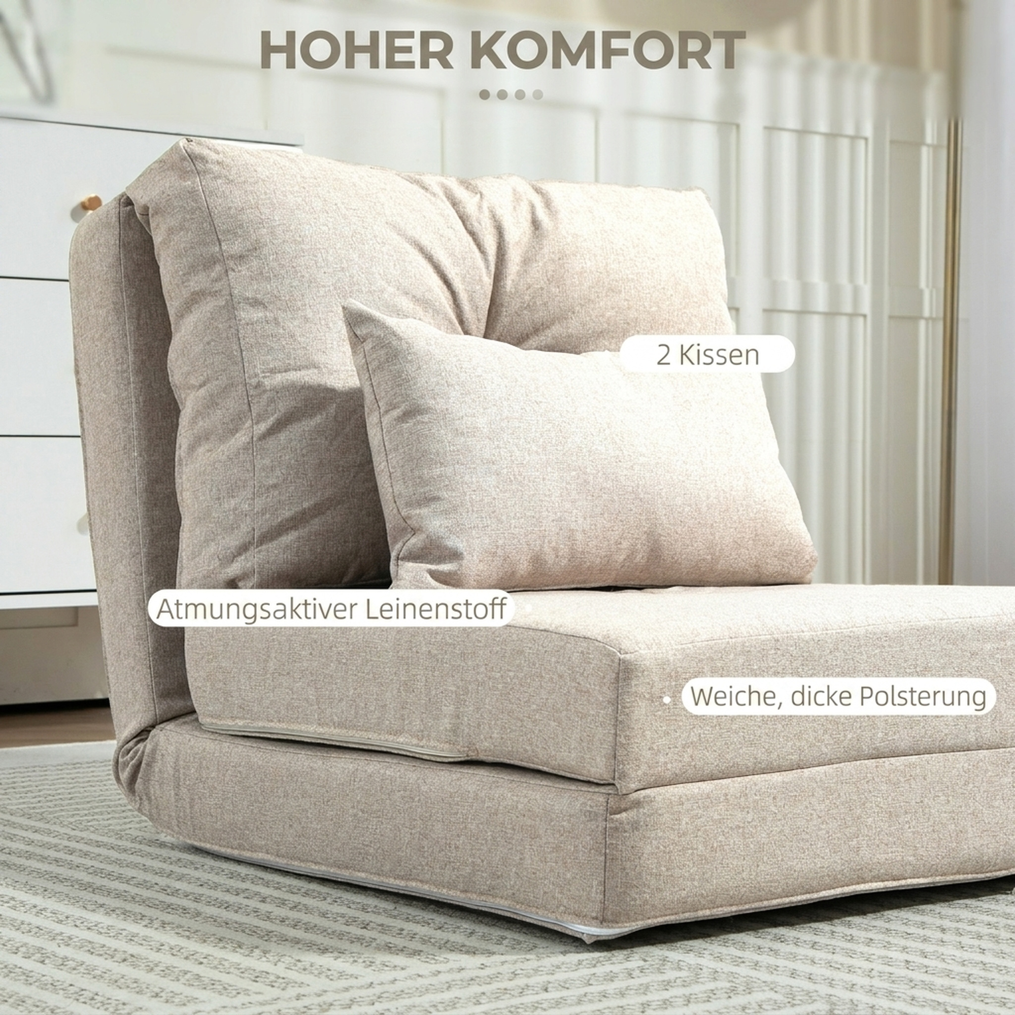 Bodensessel Klappmatratze Schlafmatte, 2-in-1-Design, abnehmbares Kissen, 60 x 80 x 56 cm, Beige