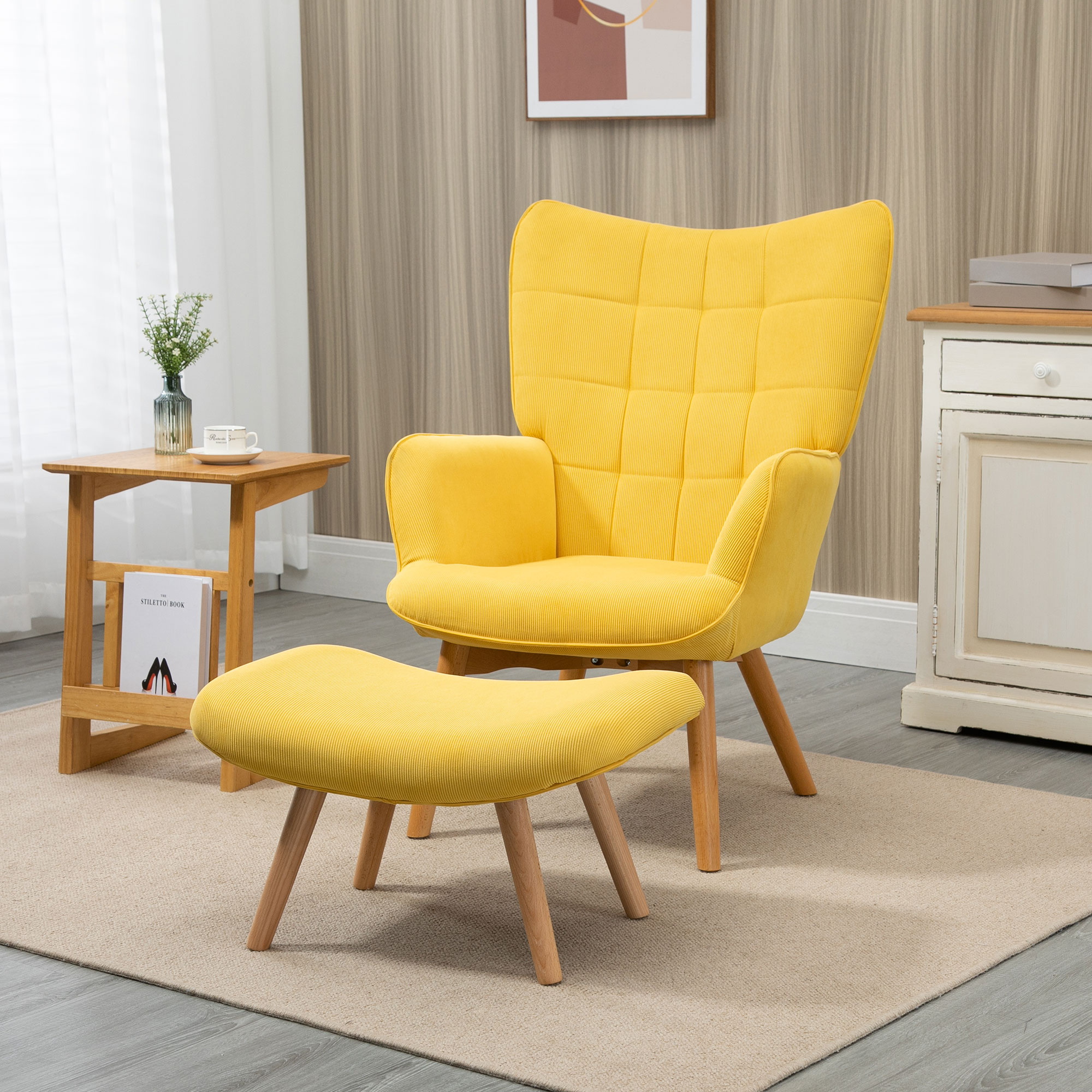 Akzentsessel mit Hocker, Relaxsessel in Cord-Optik, Armlehnstuhl mit Holzbeinen, für Wohnzimmer, Gelb