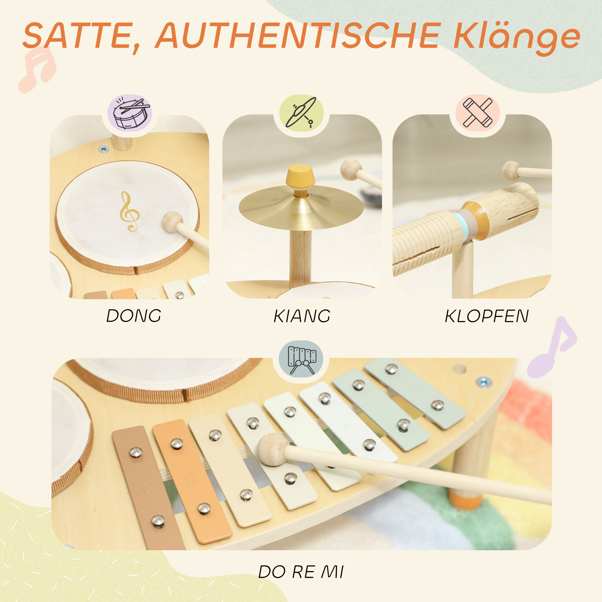 Kinder Schlagzeug 4-in-1 Montessori Musikinstrumente Set mit Trommeln Xylophon Schlagwerk für Kinder ab 2 Jahre