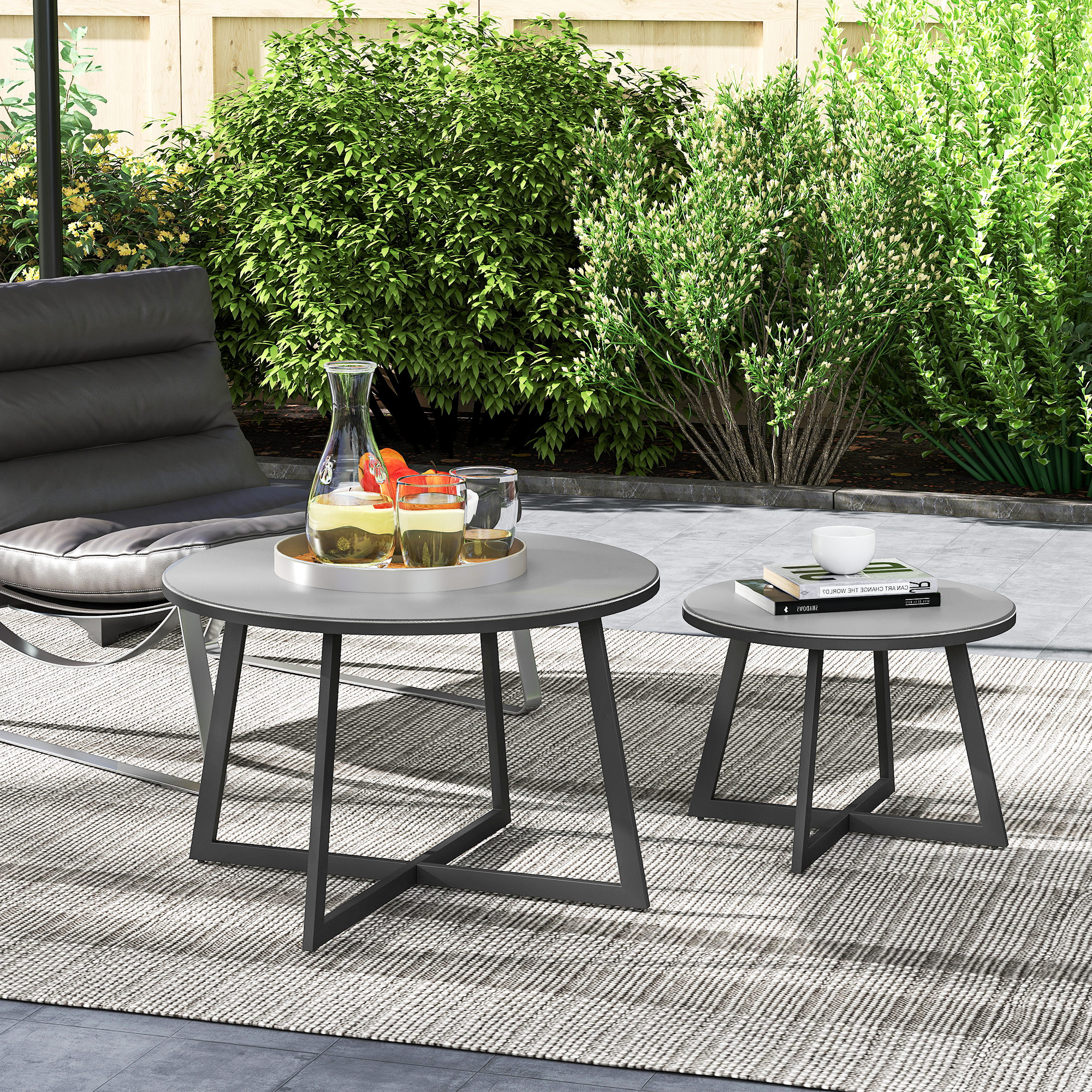 2er Set Beistelltisch Stapelbar Gartentisch Rund wetterfest Balkontisch mit X-Beine Glasplatte Stahl Schwarz+Grau