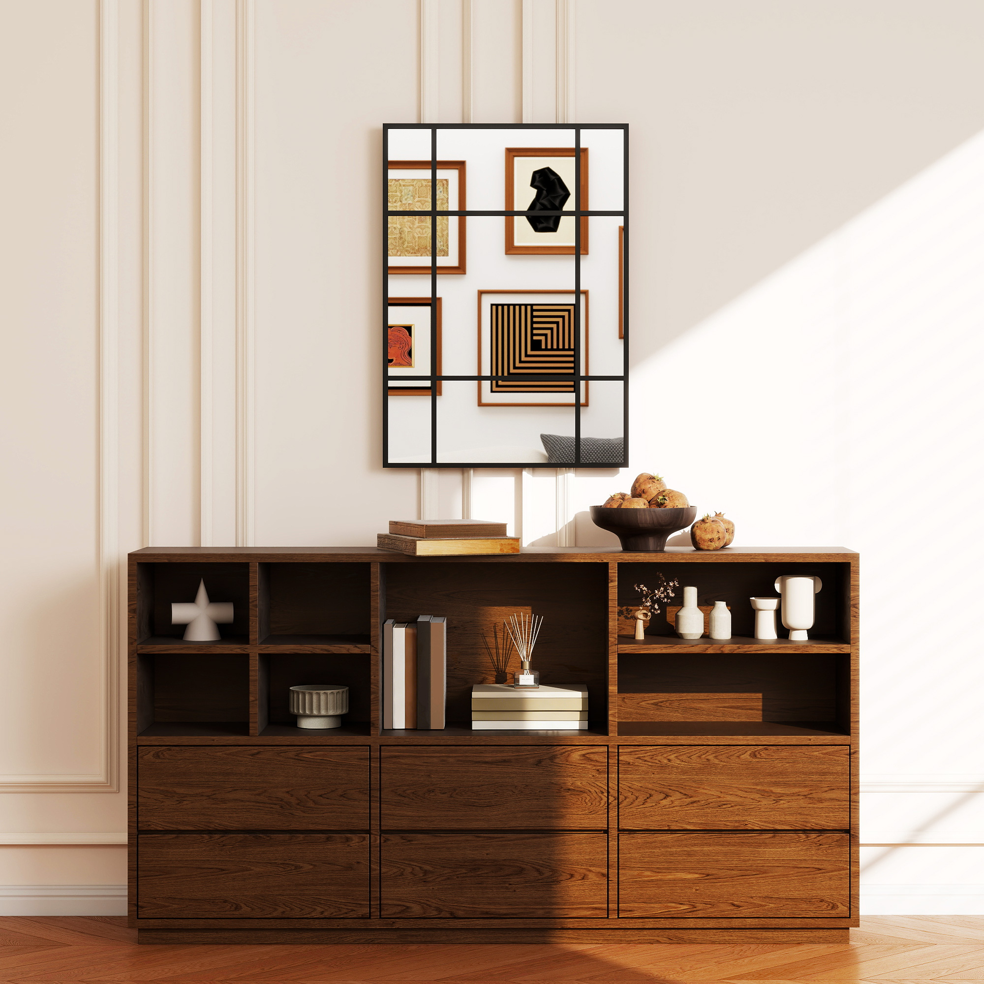 Wandspiegel, dekorativer Spiegel mit Metallrahmen, schwarze Streifen, Mehrschichtglas, 50B x 2T x 70H cm