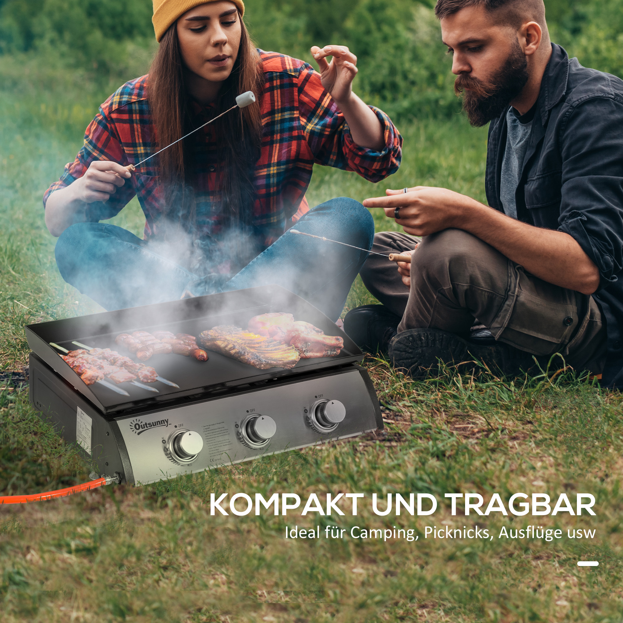 Gasgrill mit 3 Brennern, Schlauch, Antihaft-Grillplatte, Edelstahl, Farbe: Silber, 63 x 48 x 21 cm