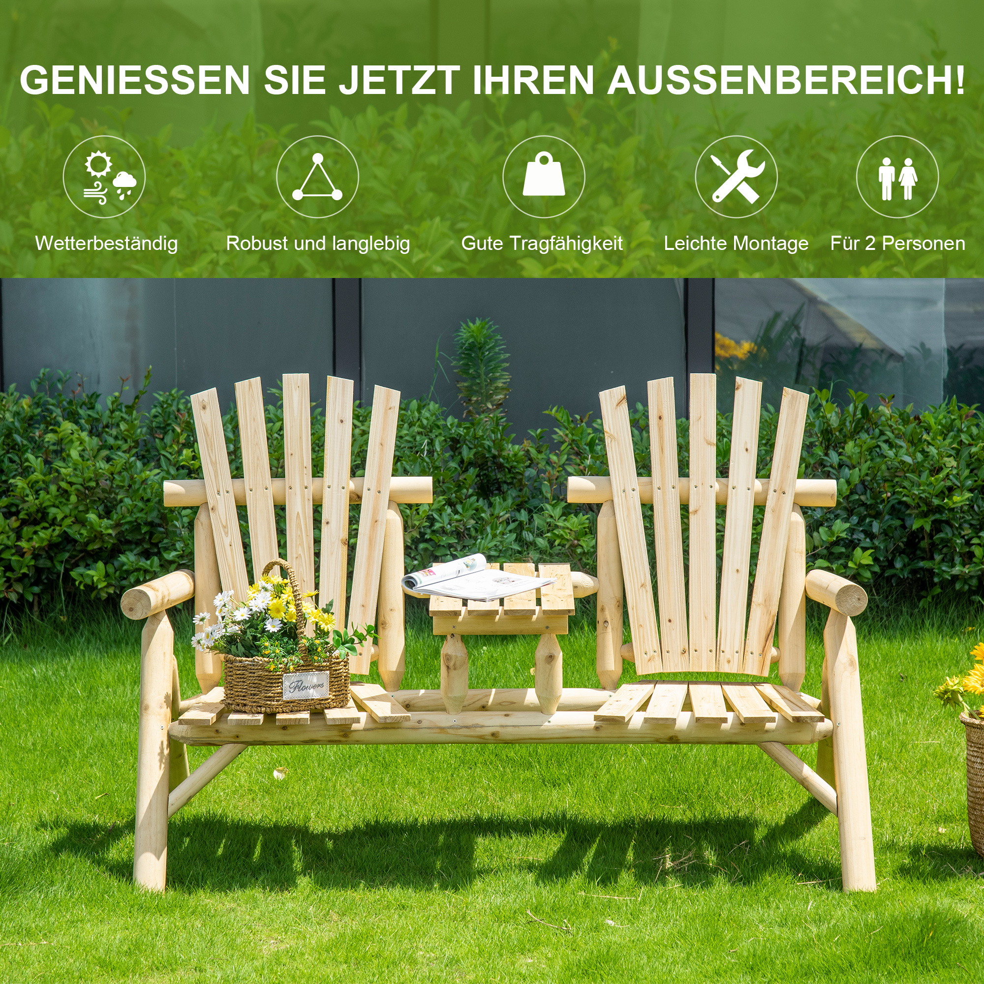 Gartenbank-Kombination für 2 Personen, integrierter Tisch, Naturholz, 157 x 88 x 103 cm