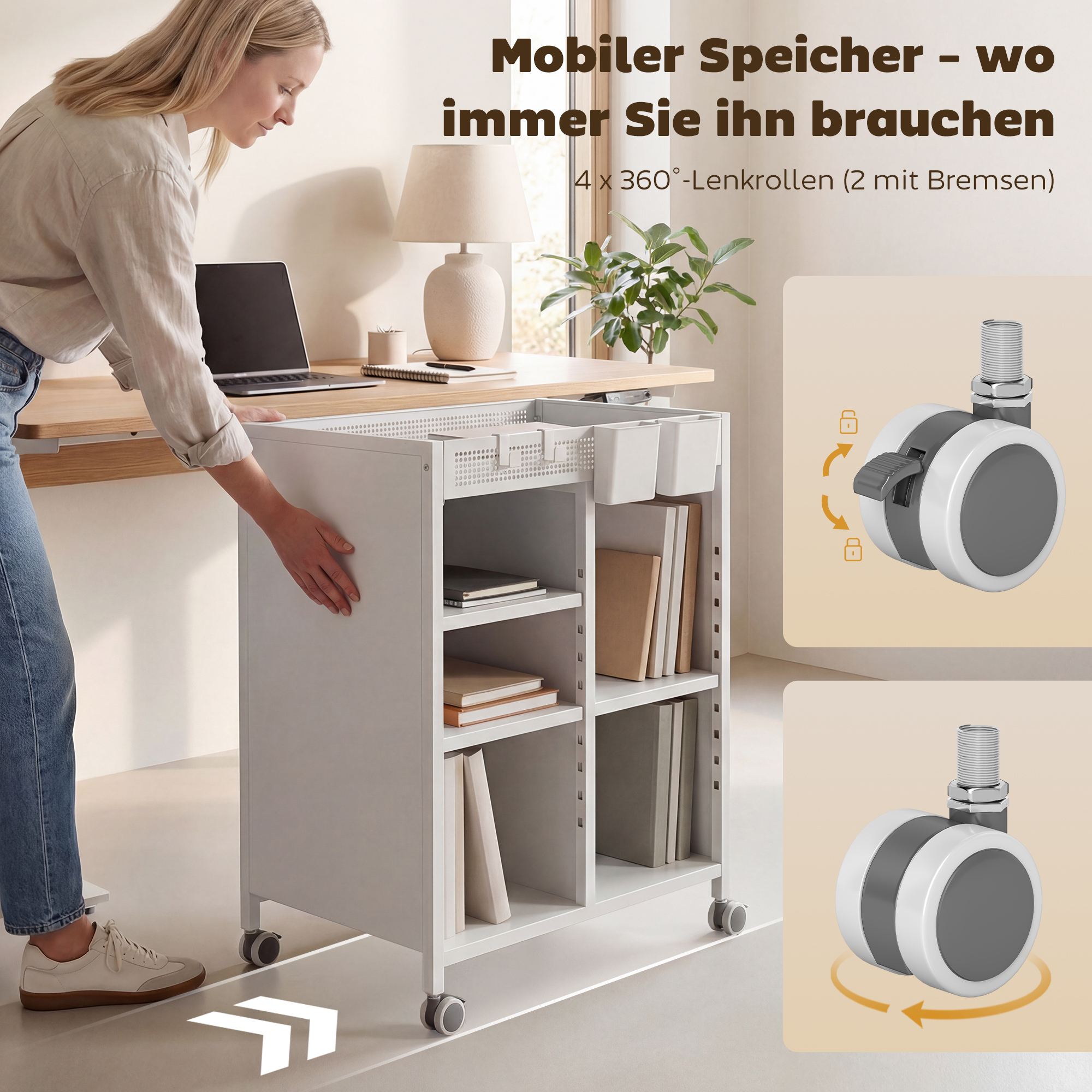 Bücherregal auf Rollen, 4-stufig, verstellbare Regalböden & Hängekörbe für Home Office und Wohnzimmer, Weiß