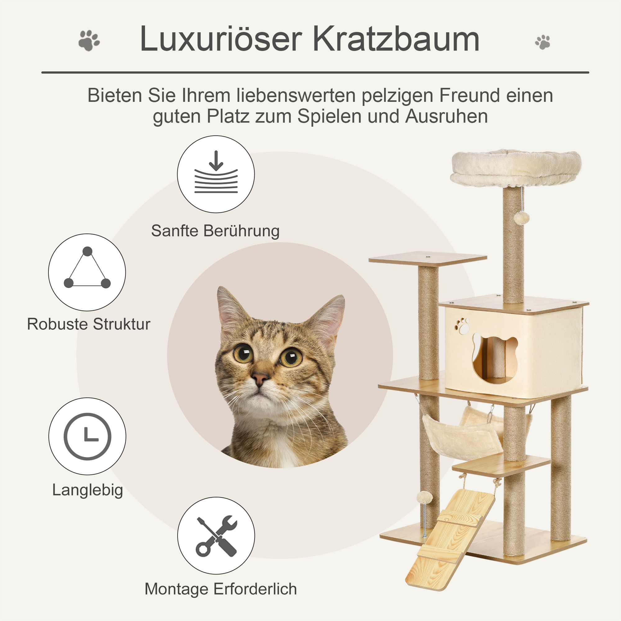 Kratzbaum Katzenbaum für Katzen Kletterbaum aus Holz mit Katzenhöhle Jutestämmen großer Plattform Spielbälle 130 cm Höhe stabil Plüsch Gelb 60 x 40 x 130 cm