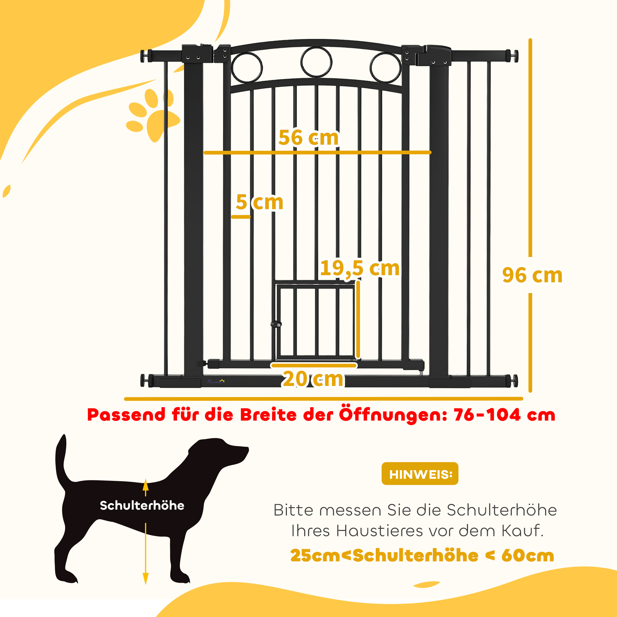 Haustiertor, 96 cm Treppengatter, verstellbare Breite 76-104 cm, mit Katzentür, für Treppen und Türöffnungen, Schwarz