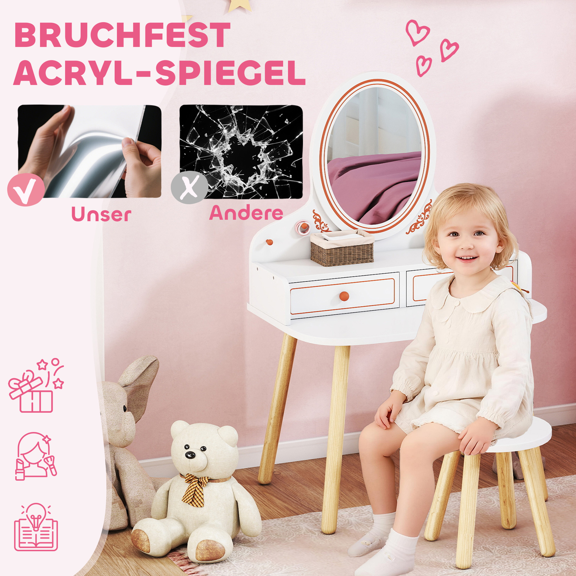 Kinder Schminktisch Set Frisiertisch mit Hocker Spiegel Schubladen Kleiderstangen für 3-8 Jahre 56 x 38 x 87,8 cm Weiß
