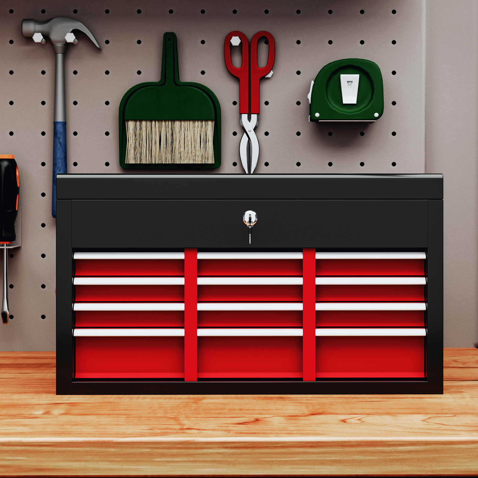 Werkzeugkiste, abschließbar, 3 Schubladen, Stahlgehäuse, 60x26x34cm, Rot+Schwarz