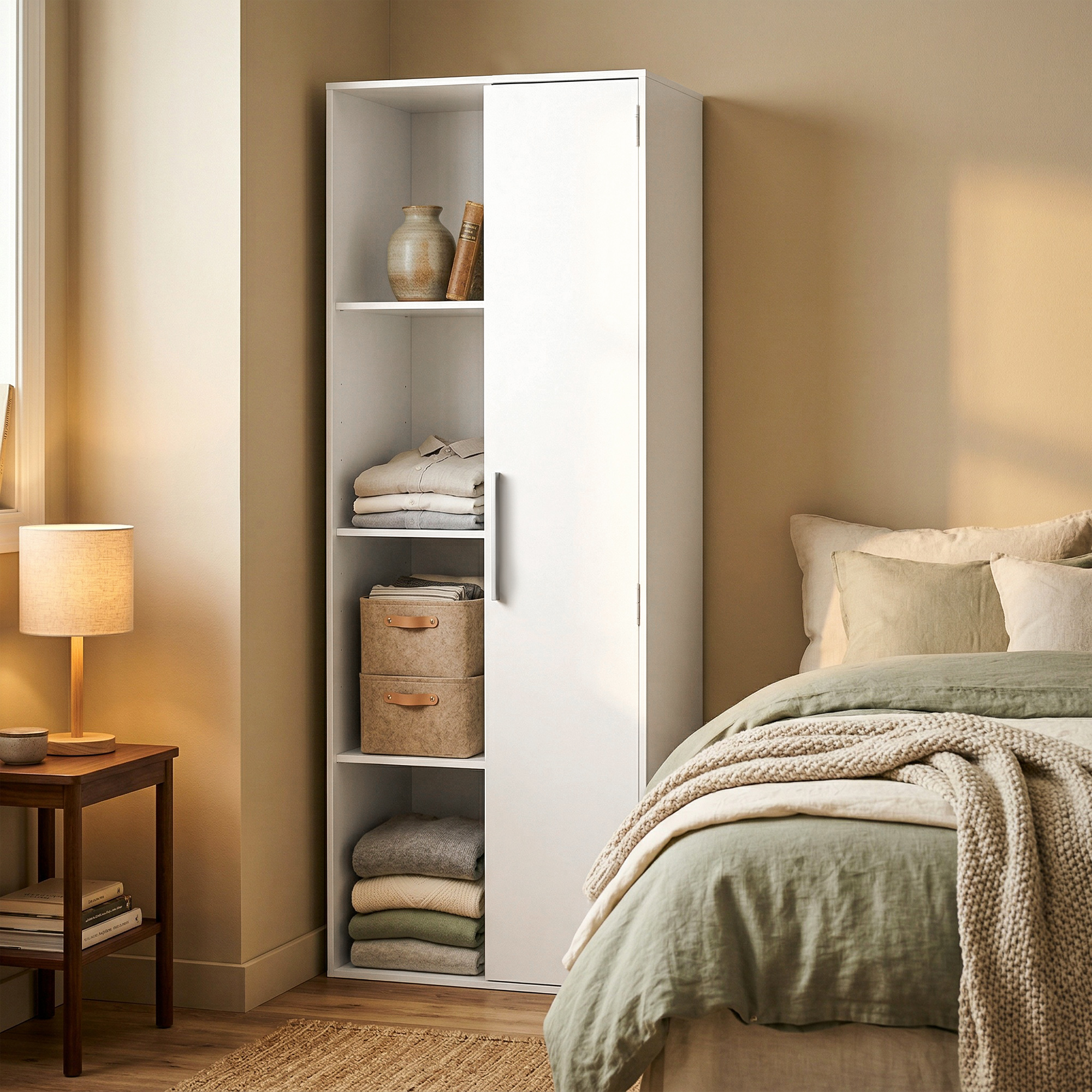 4-stöckiges Bücherregal mit verstellbaren Regalböden, Regal mit Schrank und Türen für Wohnzimmer, Arbeitszimmer, Weiß