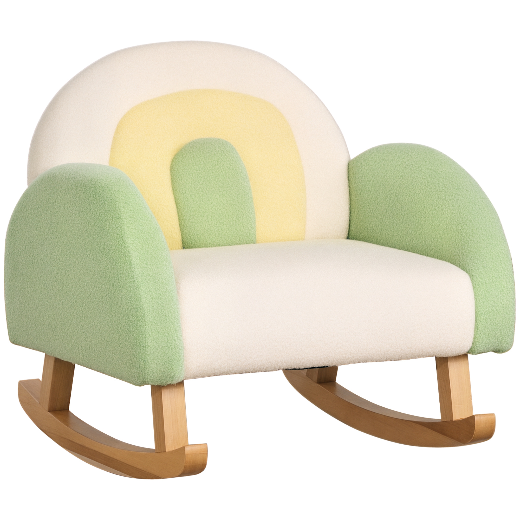 Schaukelstuhl für Kleinkinder Niedliches Design, Schaffell-Imitat, Eukalyptusholz Grün + Gelb Beige Schaukelstuhl für Kleinkinder Niedliches Design, Schaffell-Imitat, Eukalyptusholz Grün + Gelb Beige